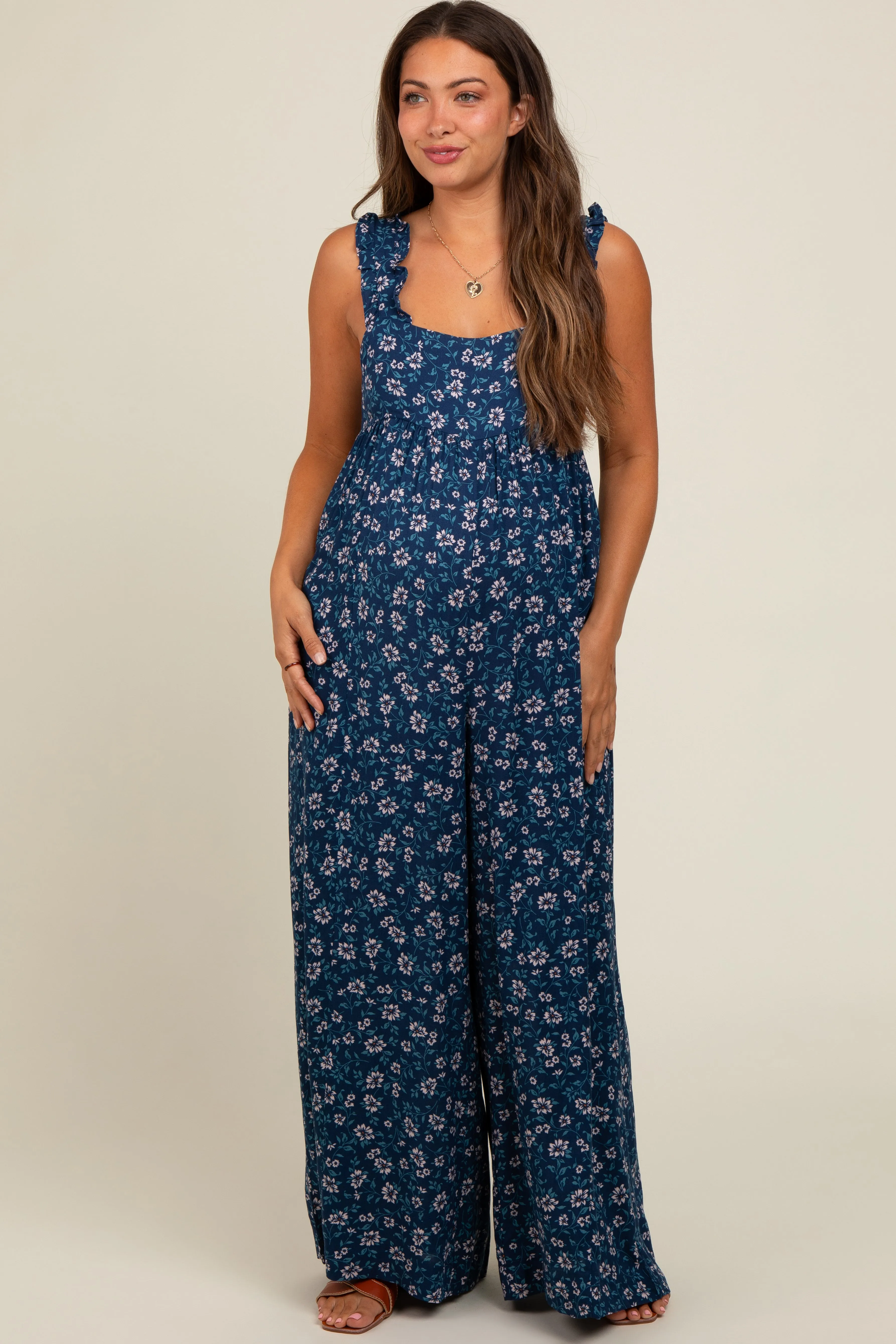 Navy Blue Back Cutout Wide Leg Maternity Jumpsuit sold by Pinkblush