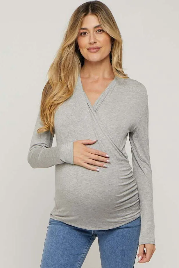 Heather Grey Long Sleeve Wrap Maternity Nursing Top sold by Pinkblush