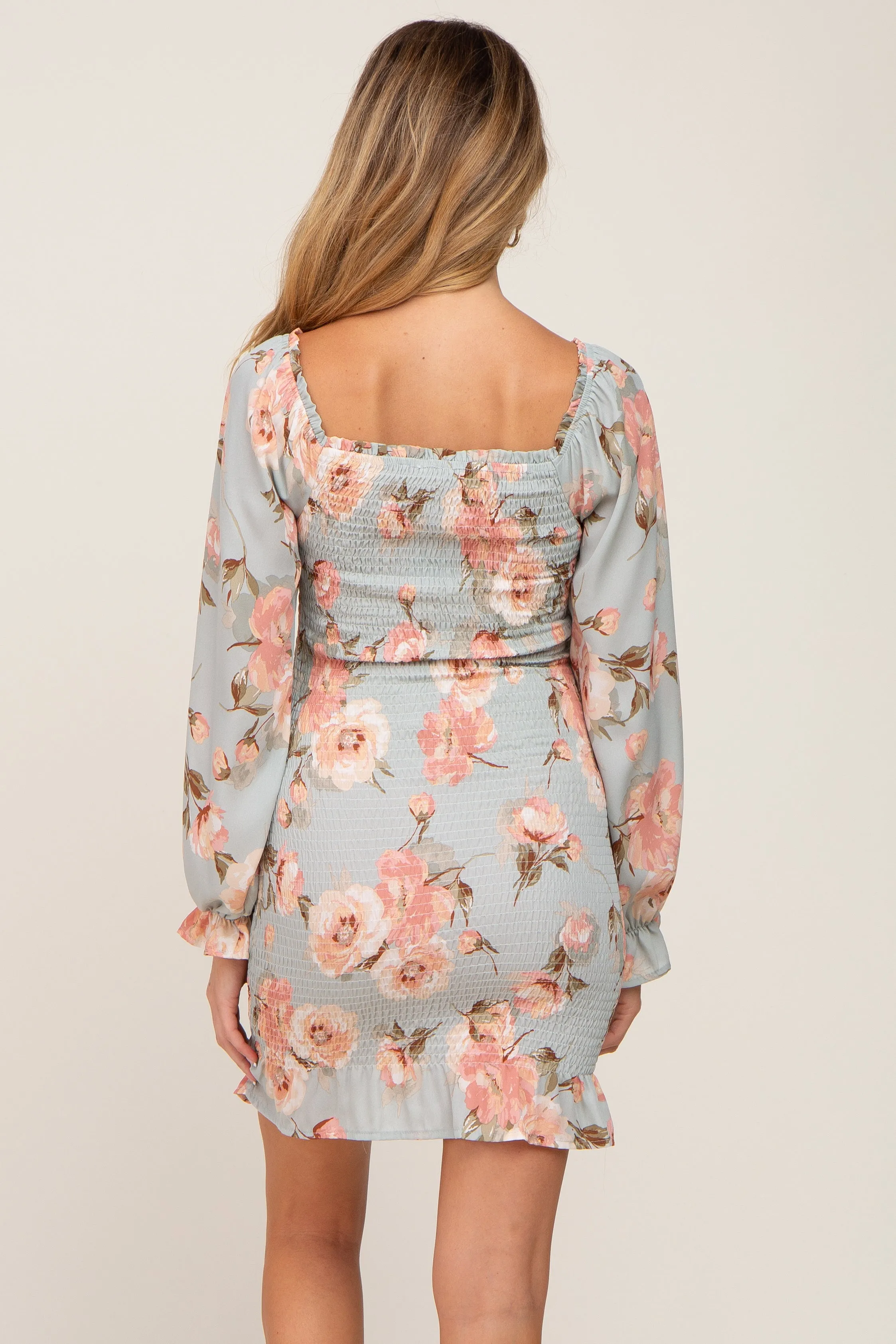 Mint Green Floral Sweetheart Neck Smocked Long Sleeve Maternity Dress sold by Pinkblush product image thumbnail 3