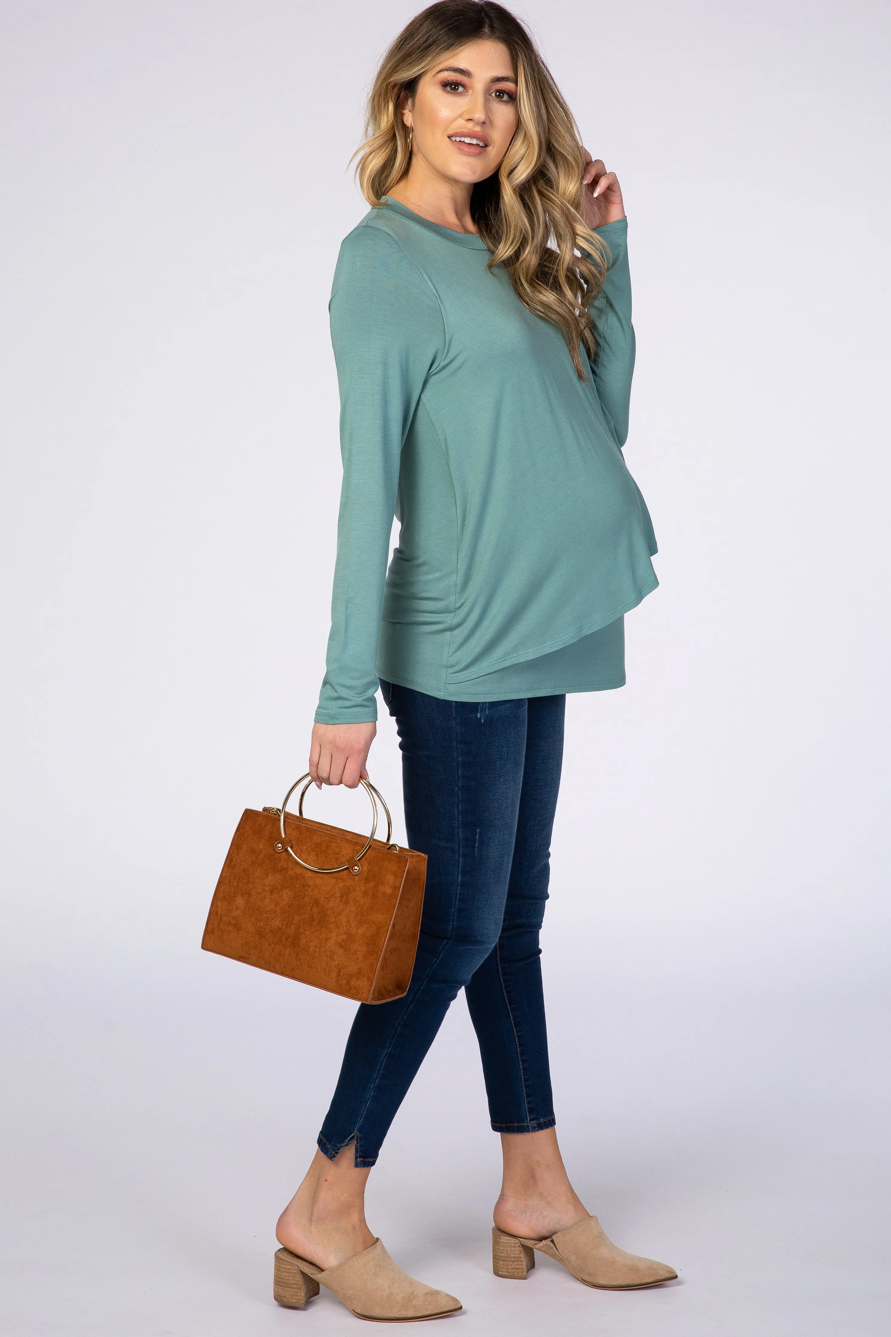 PinkBlush Light Olive Solid Layered Front Long Sleeve Maternity/Nursing Top sold by Pinkblush product image thumbnail 5