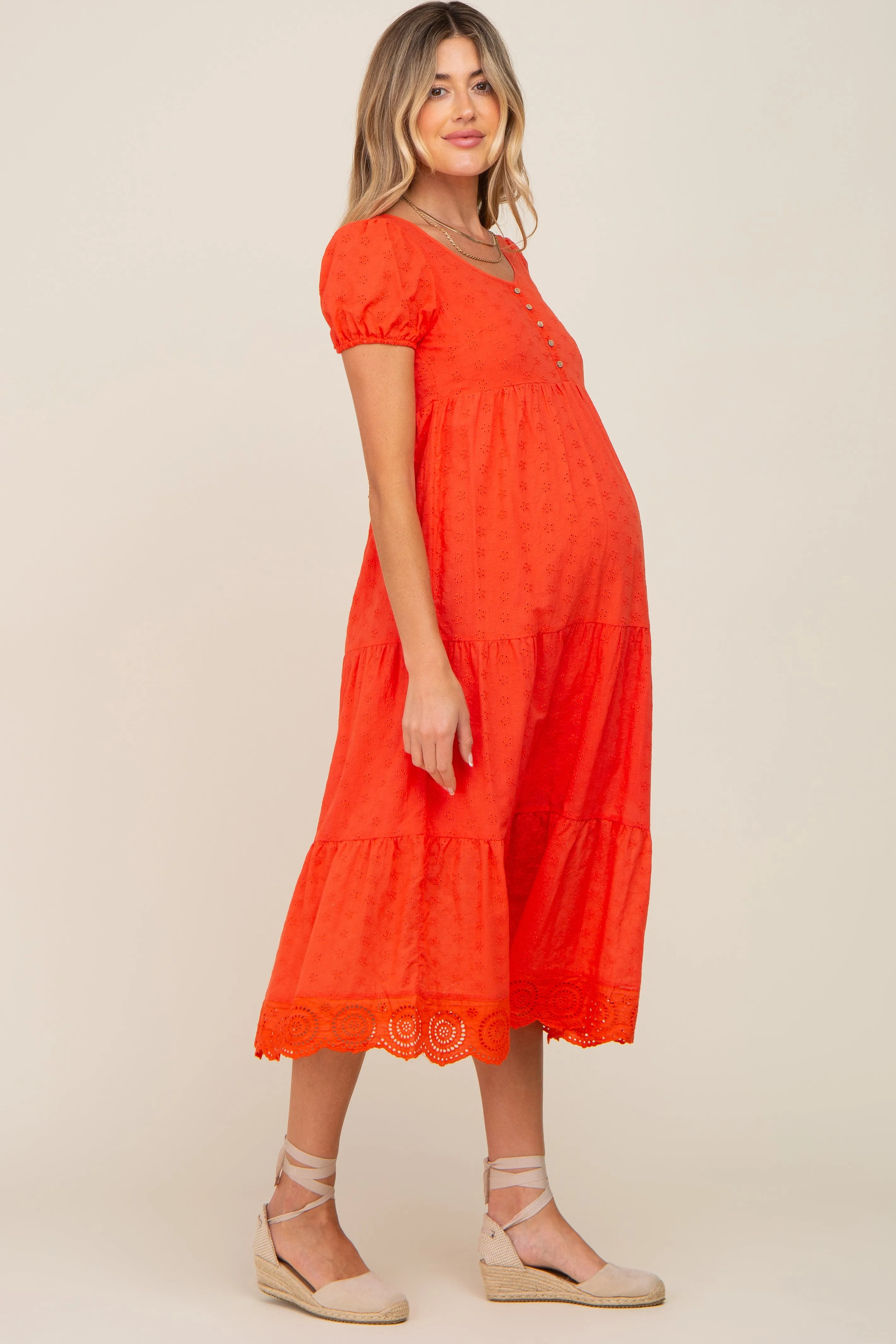 Coral Eyelet Button Front Tiered Scalloped Hem Maternity Midi Dress sold by Pinkblush product image thumbnail 3
