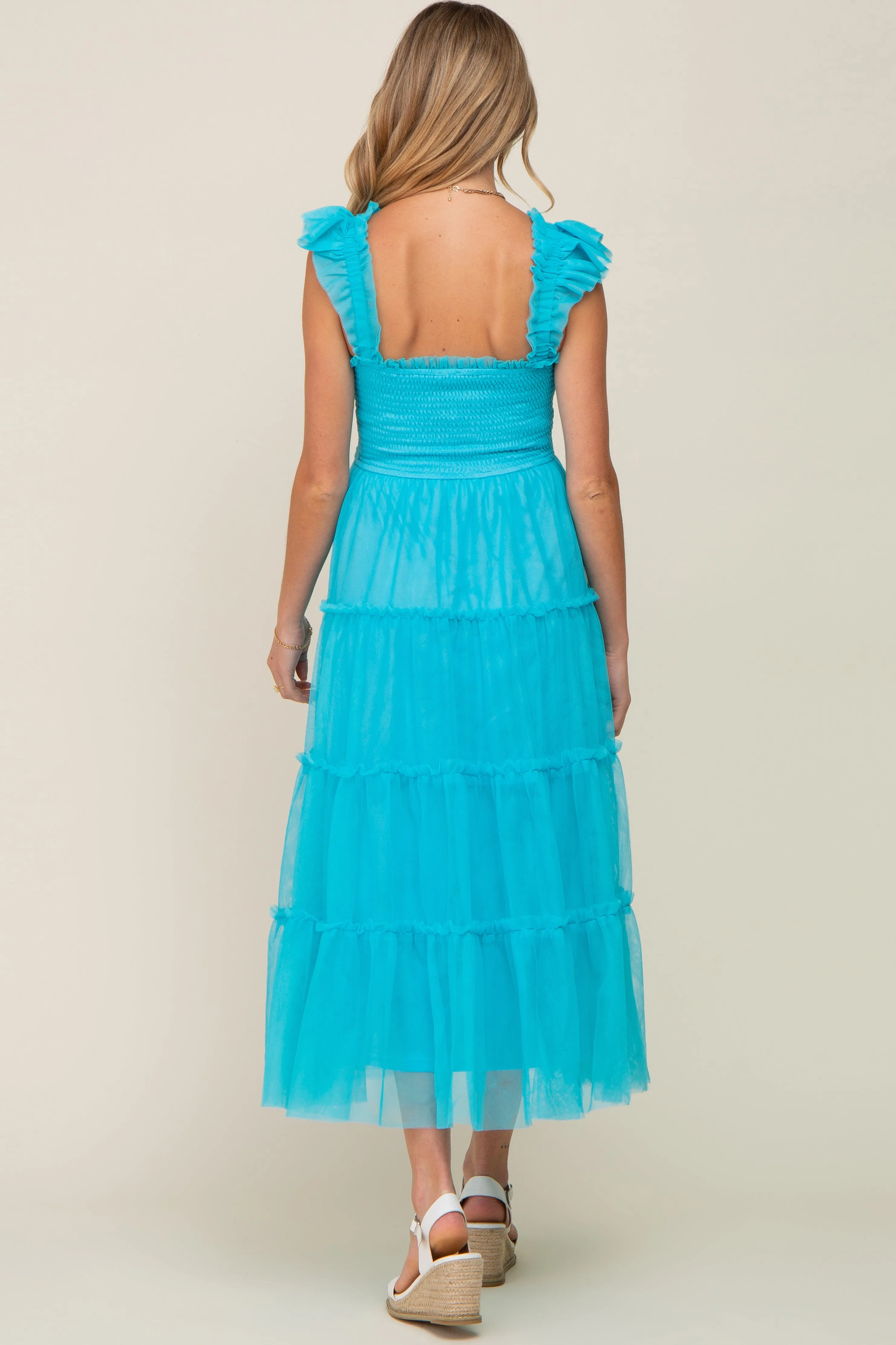 Turquoise Smocked Mesh Ruffle Accent Maternity Midi Dress sold by Pinkblush product image thumbnail 3
