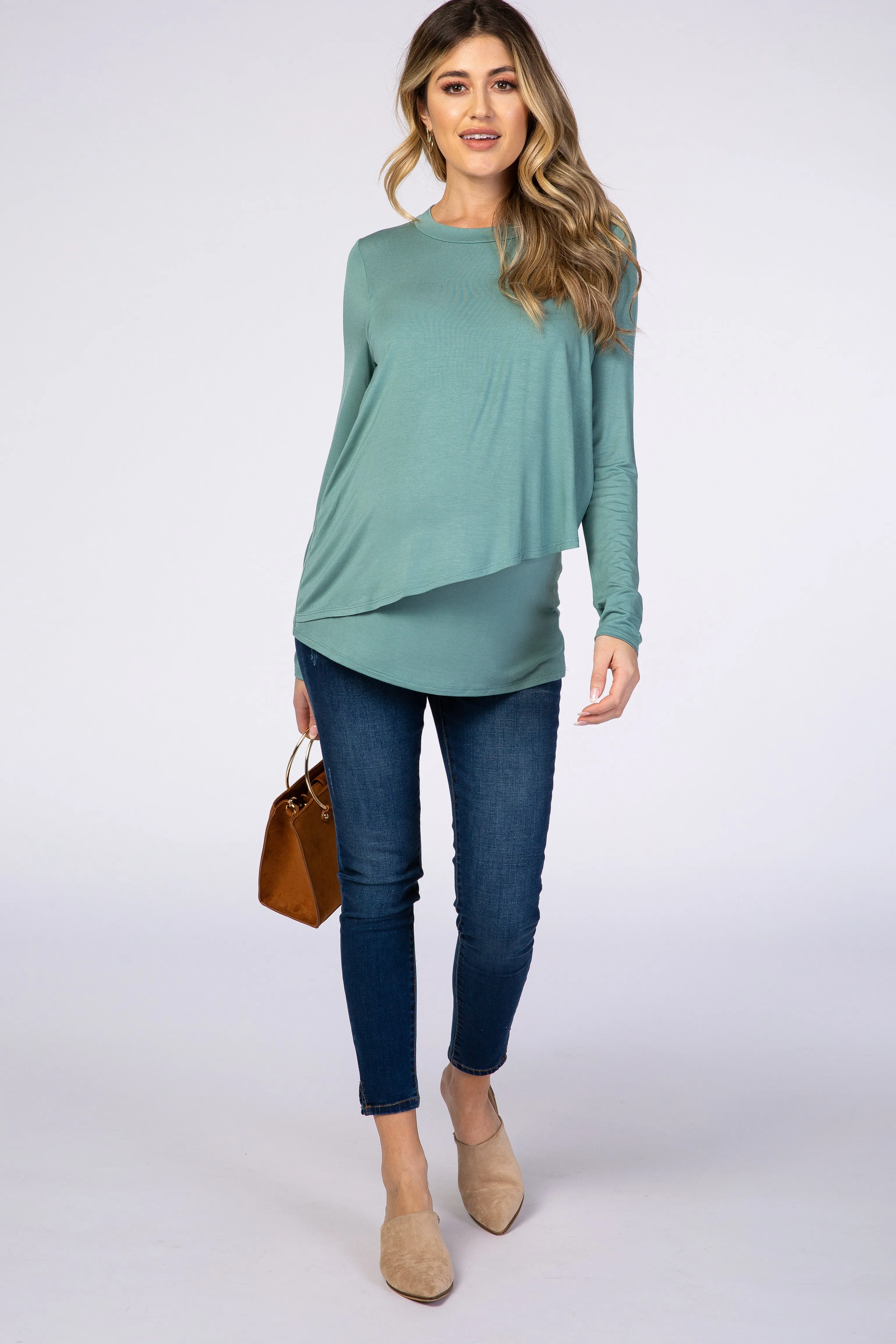 PinkBlush Light Olive Solid Layered Front Long Sleeve Maternity/Nursing Top sold by Pinkblush product image thumbnail 2