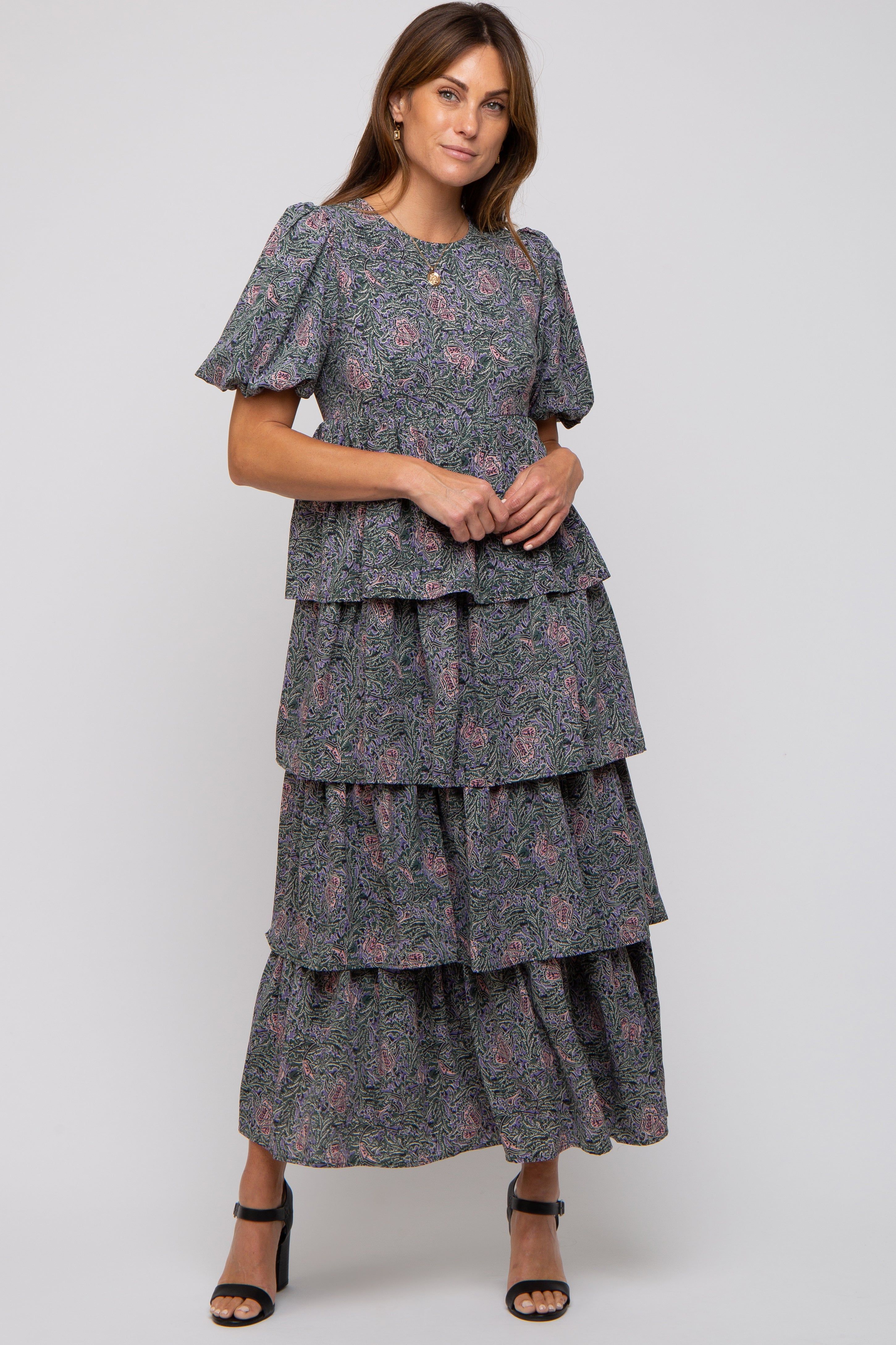Forest Green Floral Puff Sleeve Tiered Midi Dress sold by Pinkblush product image thumbnail 4