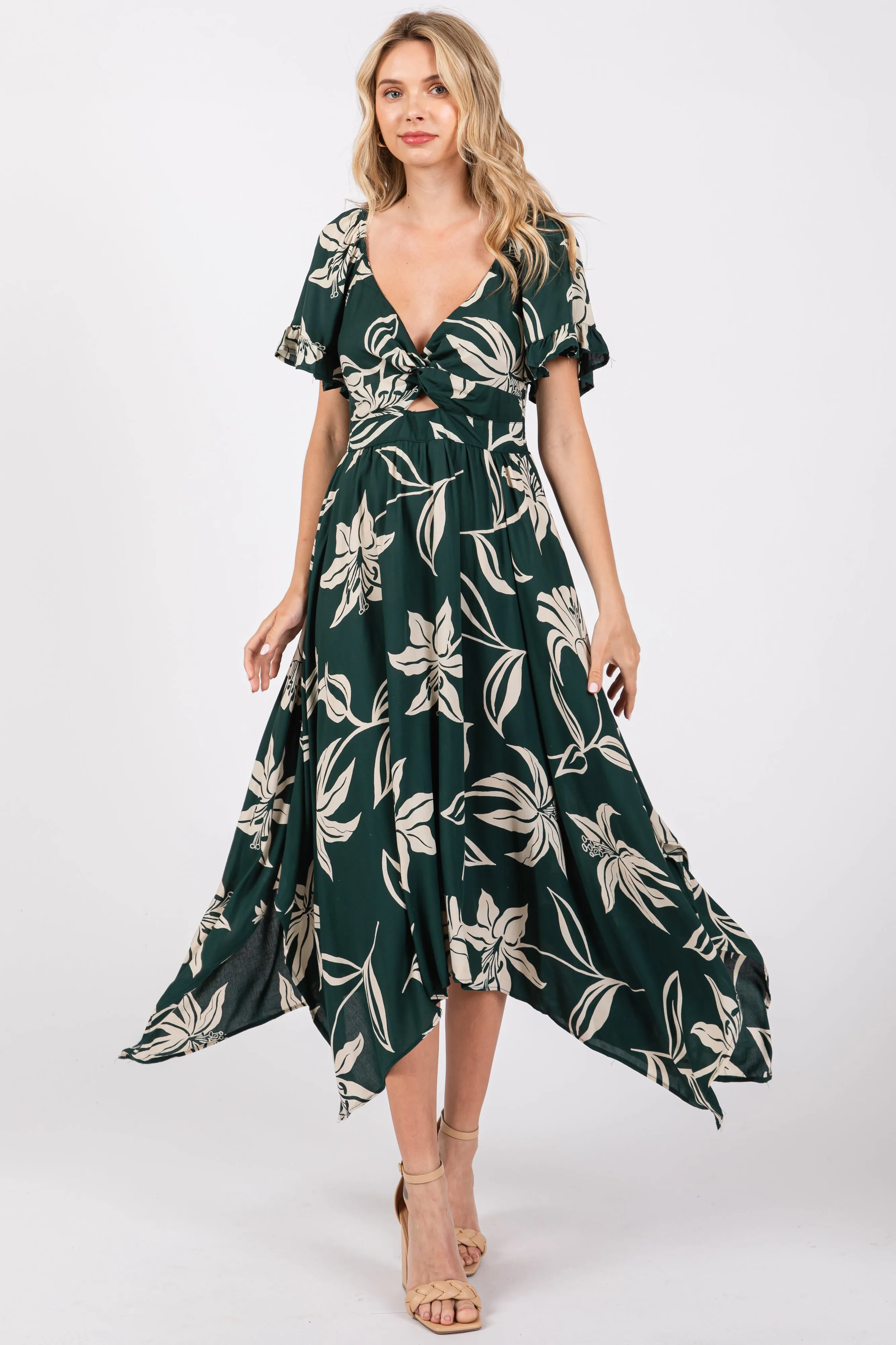 Forest Green Floral Knot Front Short Sleeve Asymmetrical Hem Maxi Dress sold by Pinkblush