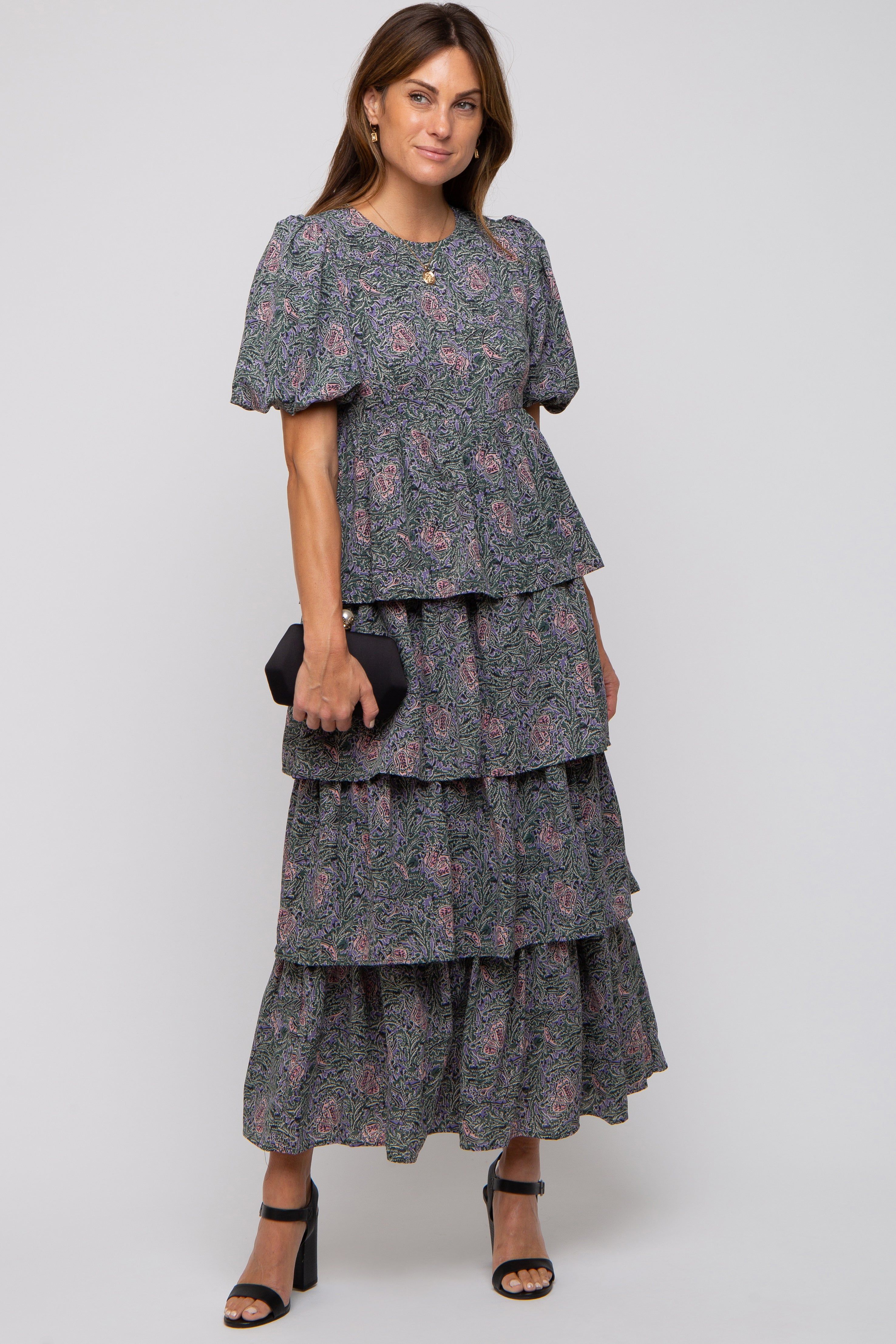 Forest Green Floral Puff Sleeve Tiered Midi Dress sold by Pinkblush