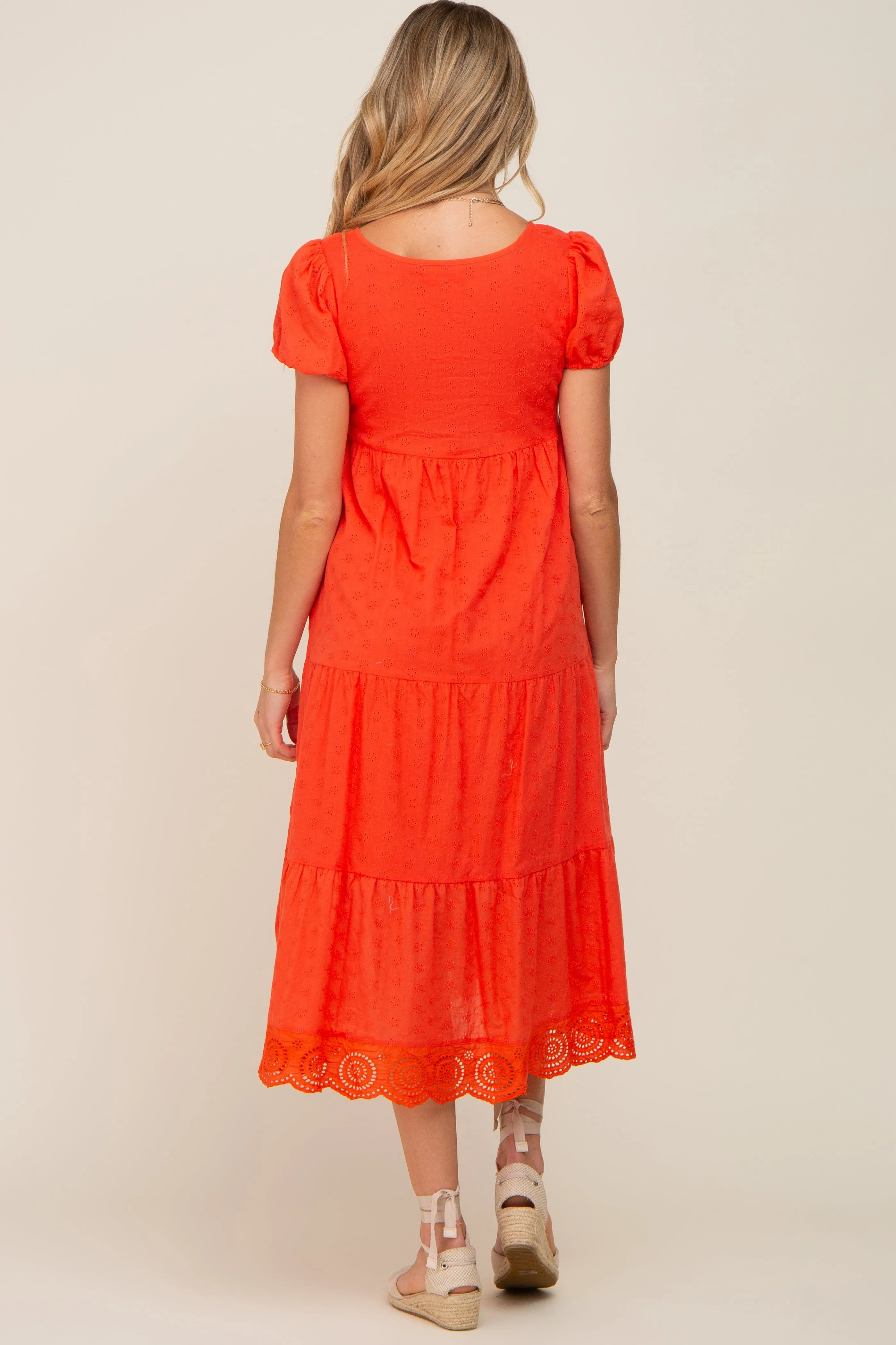 Coral Eyelet Button Front Tiered Scalloped Hem Maternity Midi Dress sold by Pinkblush product image thumbnail 4