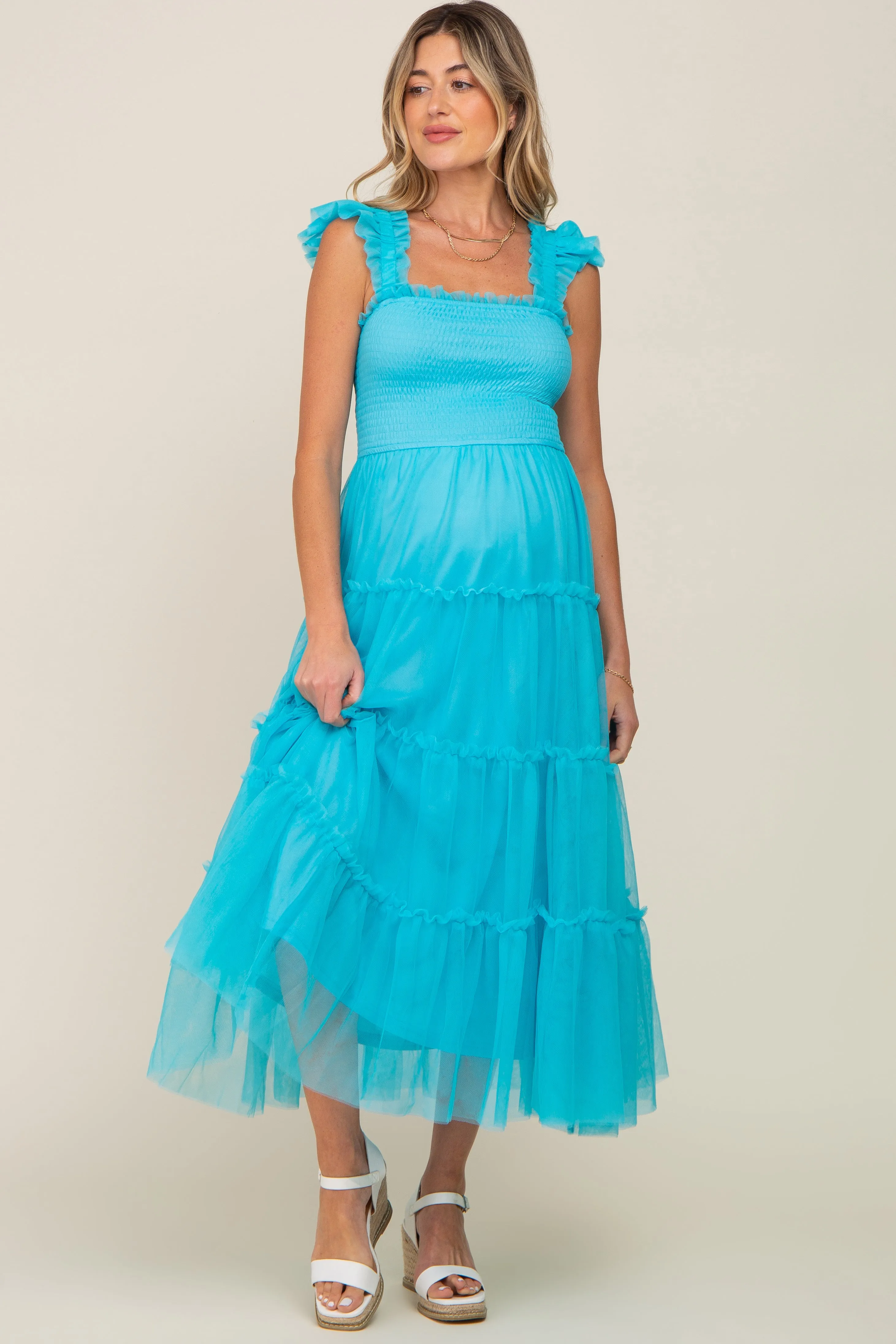 Turquoise Smocked Mesh Ruffle Accent Maternity Midi Dress sold by Pinkblush product image thumbnail 4
