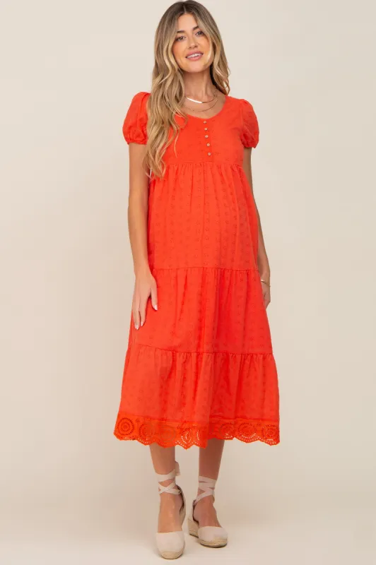 Coral Eyelet Button Front Tiered Scalloped Hem Maternity Midi Dress sold by Pinkblush