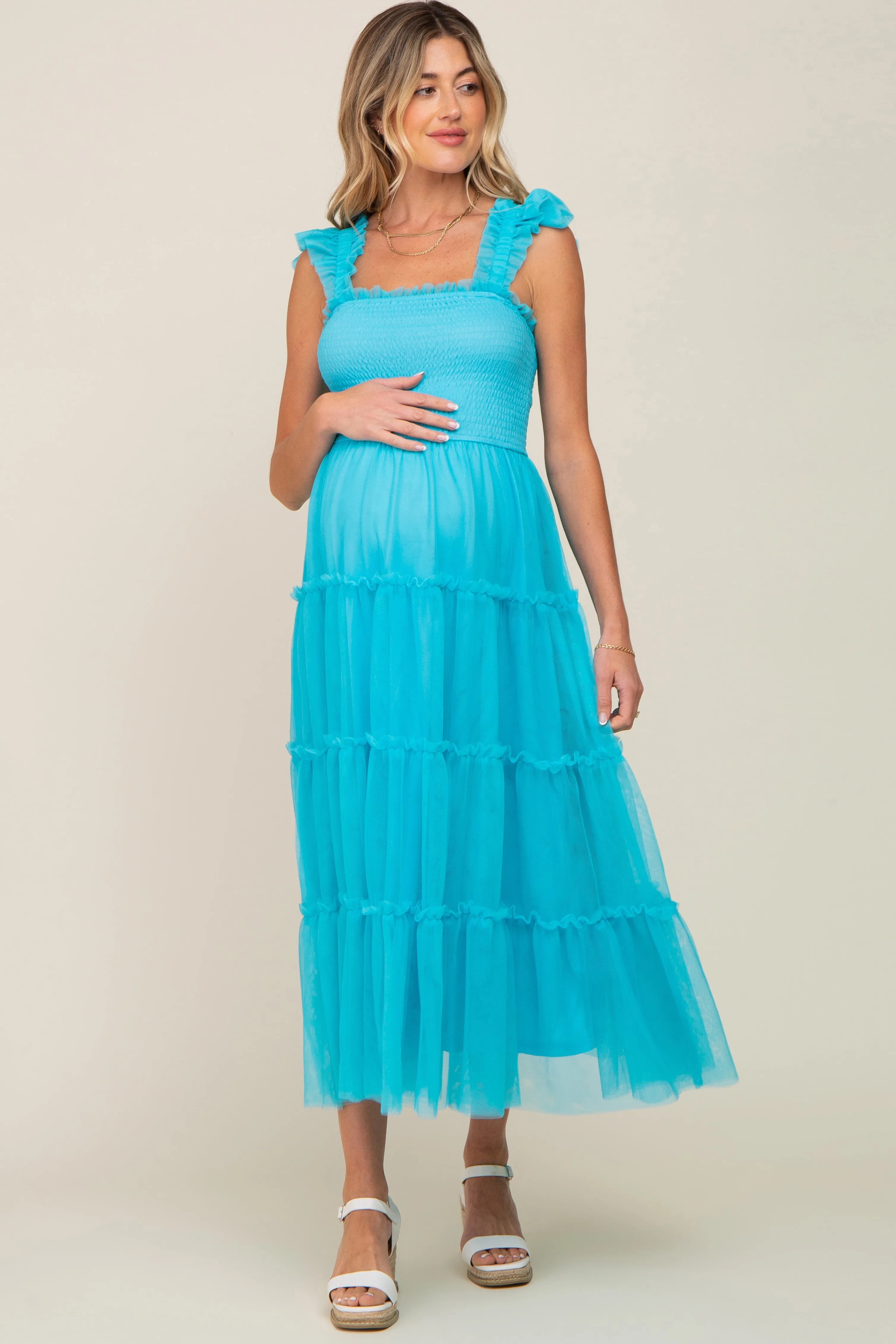 Turquoise Smocked Mesh Ruffle Accent Maternity Midi Dress sold by Pinkblush