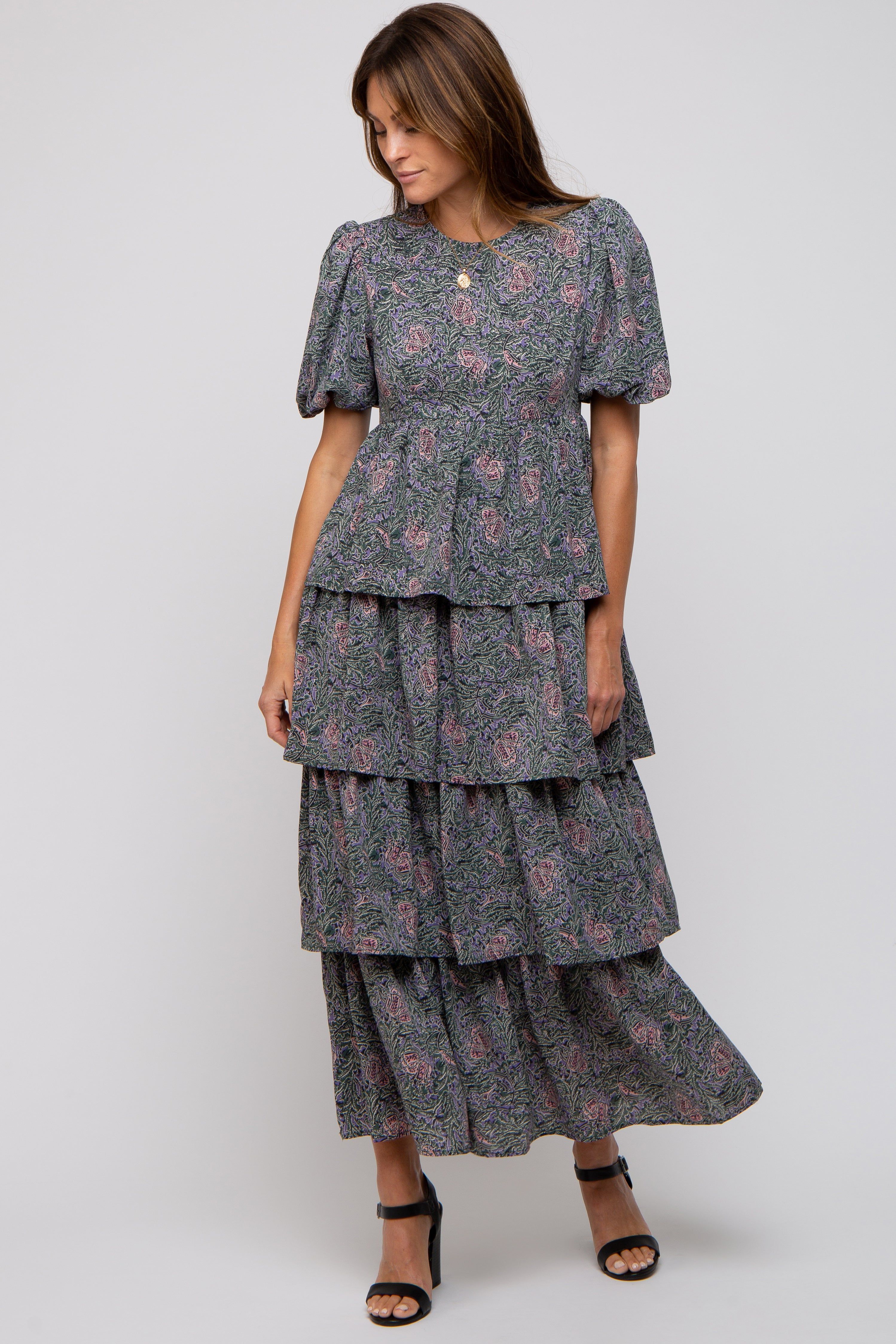 Forest Green Floral Puff Sleeve Tiered Midi Dress sold by Pinkblush product image thumbnail 5