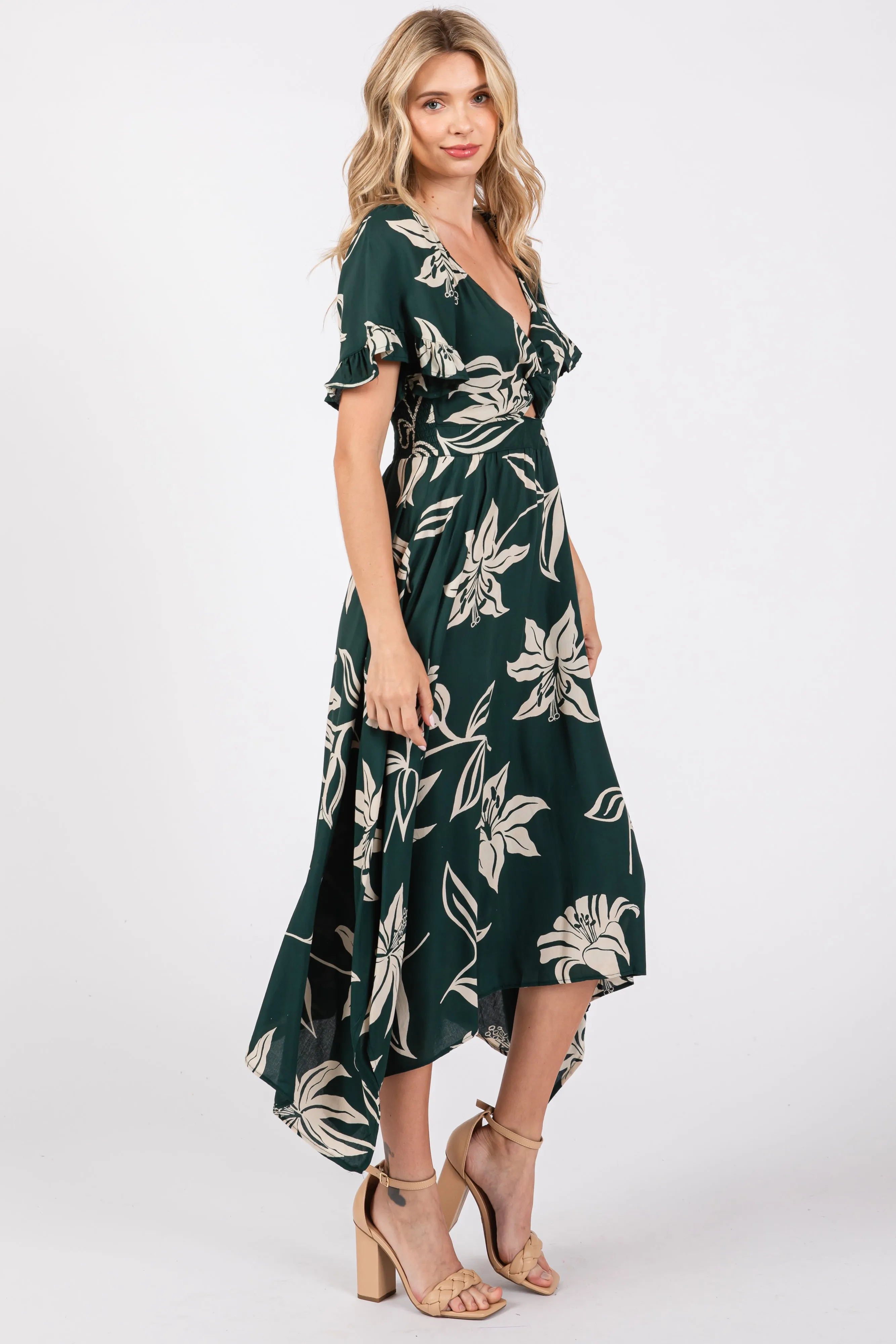 Forest Green Floral Knot Front Short Sleeve Asymmetrical Hem Maxi Dress sold by Pinkblush product image thumbnail 2