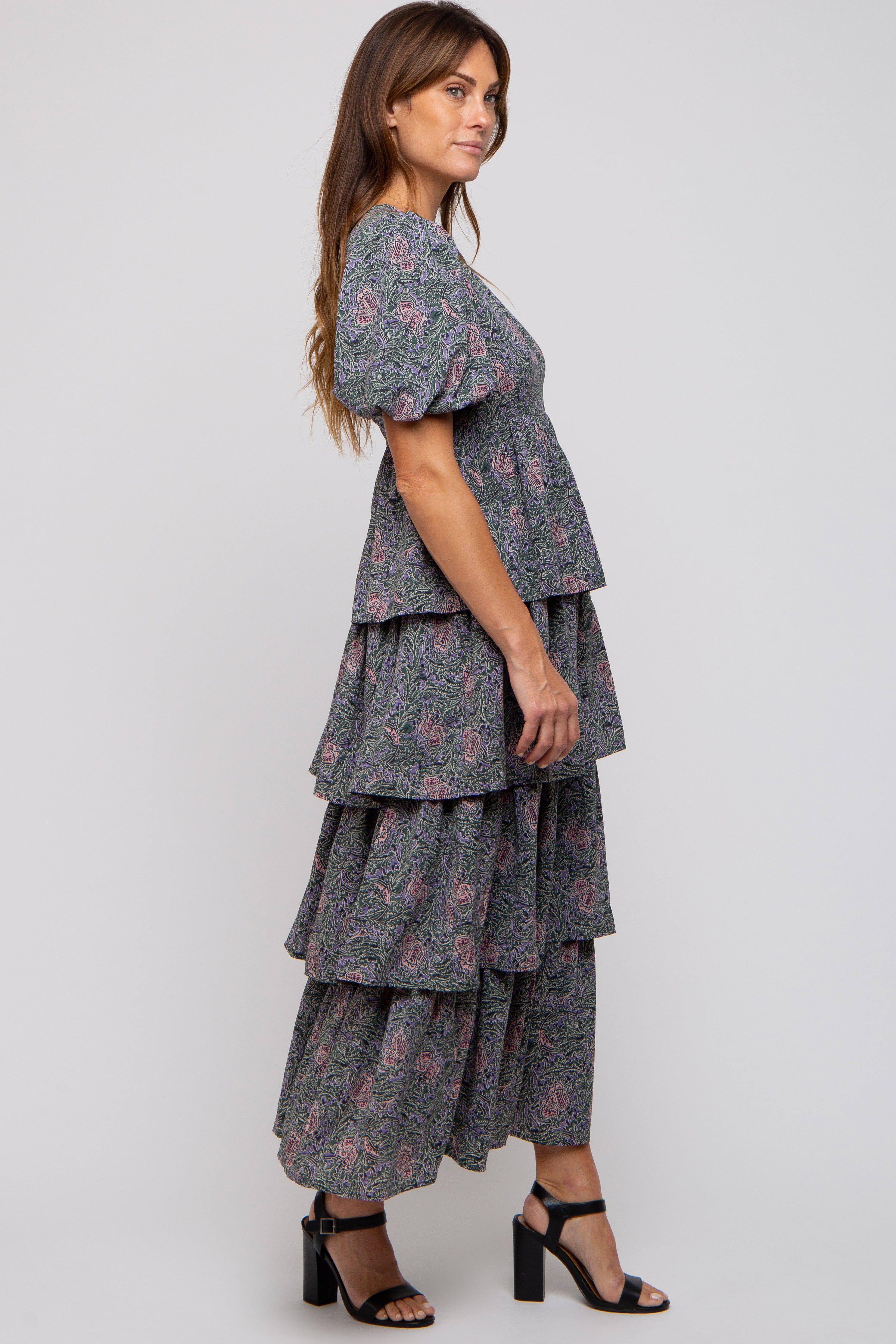 Forest Green Floral Puff Sleeve Tiered Midi Dress sold by Pinkblush product image thumbnail 2