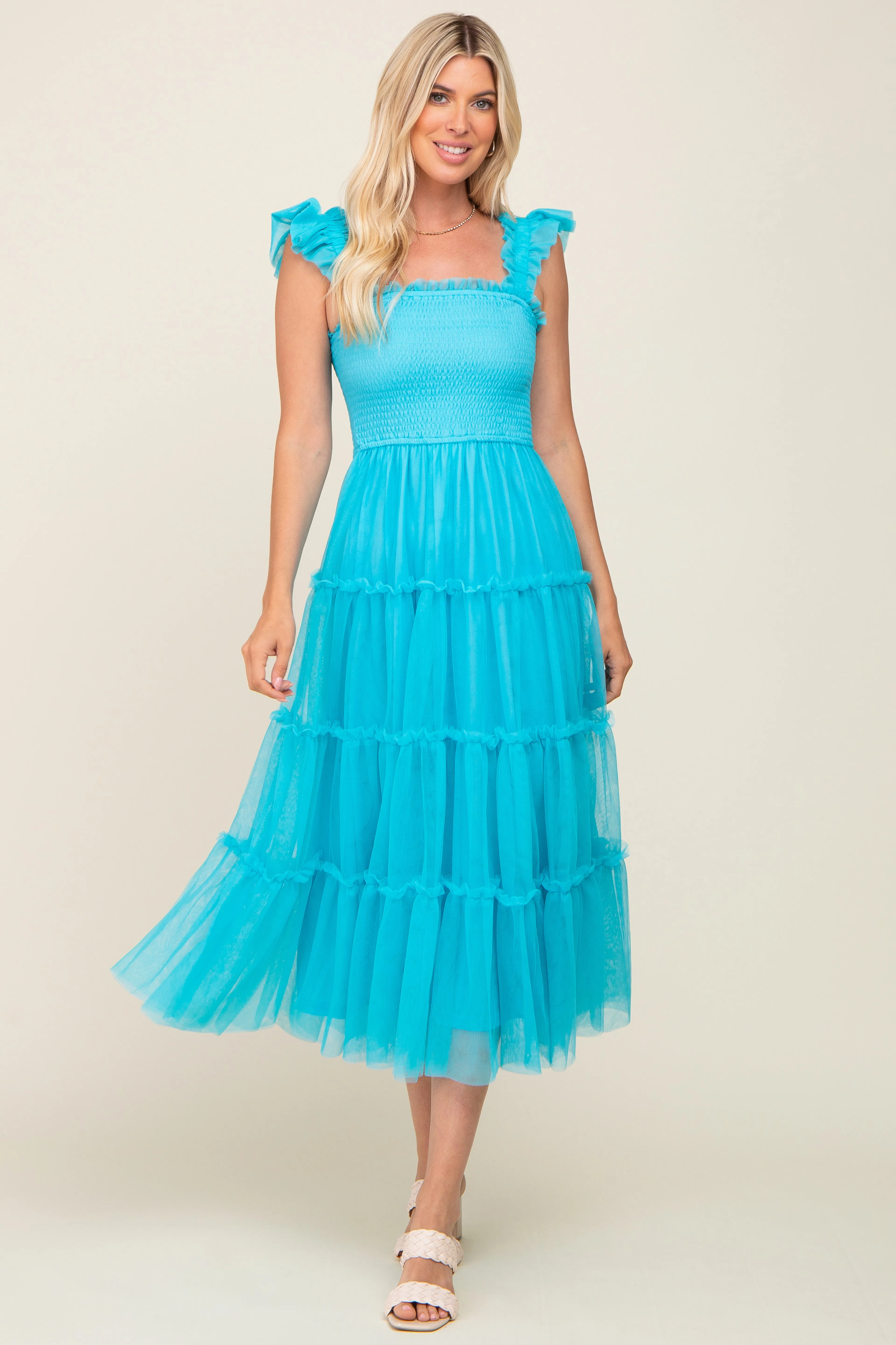 Turquoise Smocked Mesh Ruffle Accent Maternity Midi Dress sold by Pinkblush product image thumbnail 5
