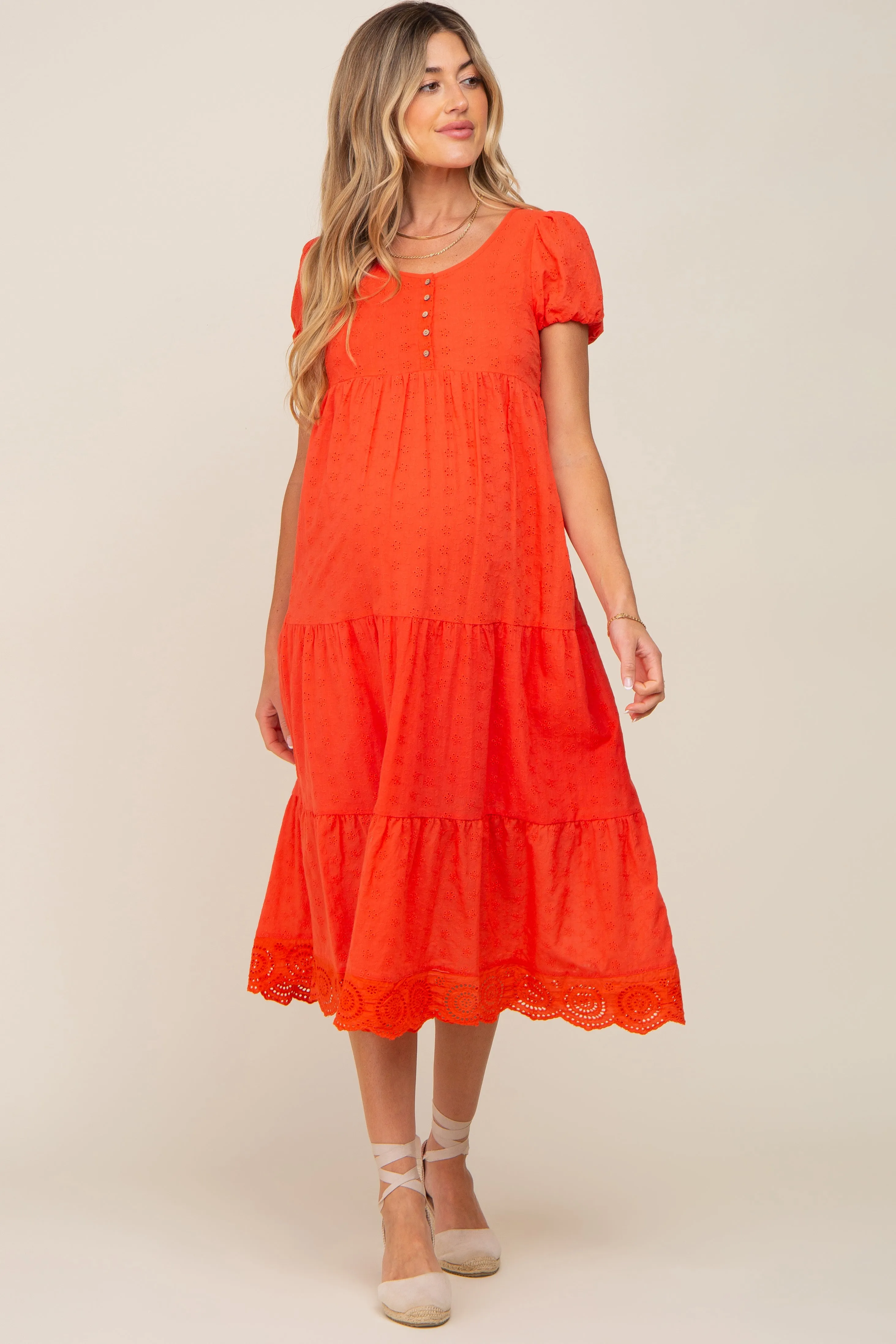 Coral Eyelet Button Front Tiered Scalloped Hem Maternity Midi Dress sold by Pinkblush product image thumbnail 2