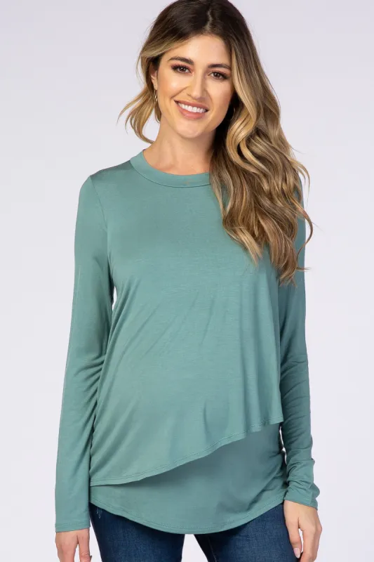 PinkBlush Light Olive Solid Layered Front Long Sleeve Maternity/Nursing Top sold by Pinkblush