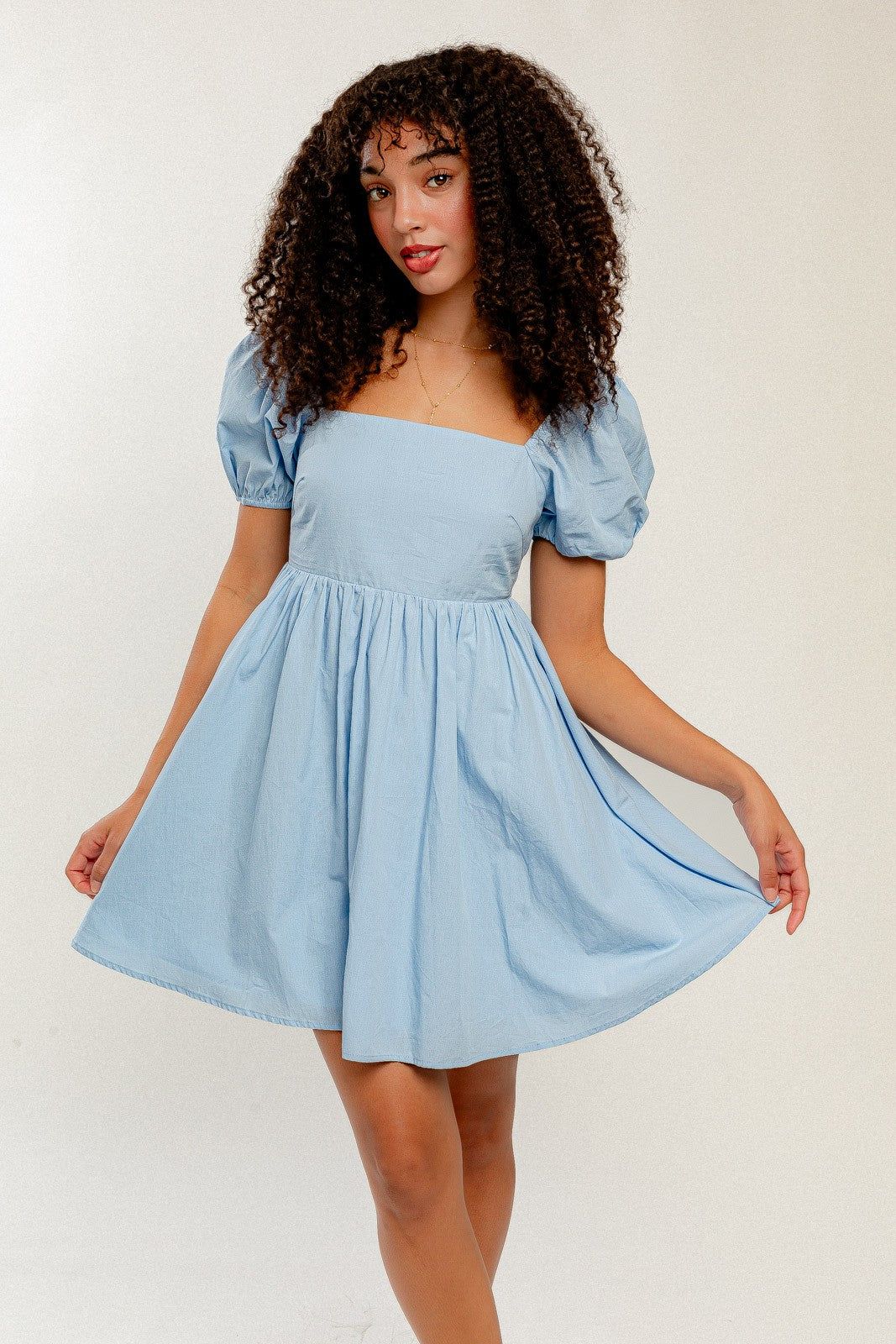 Blue Puff Short Sleeve Backless Babydoll Mini Dress sold by Pinkblush