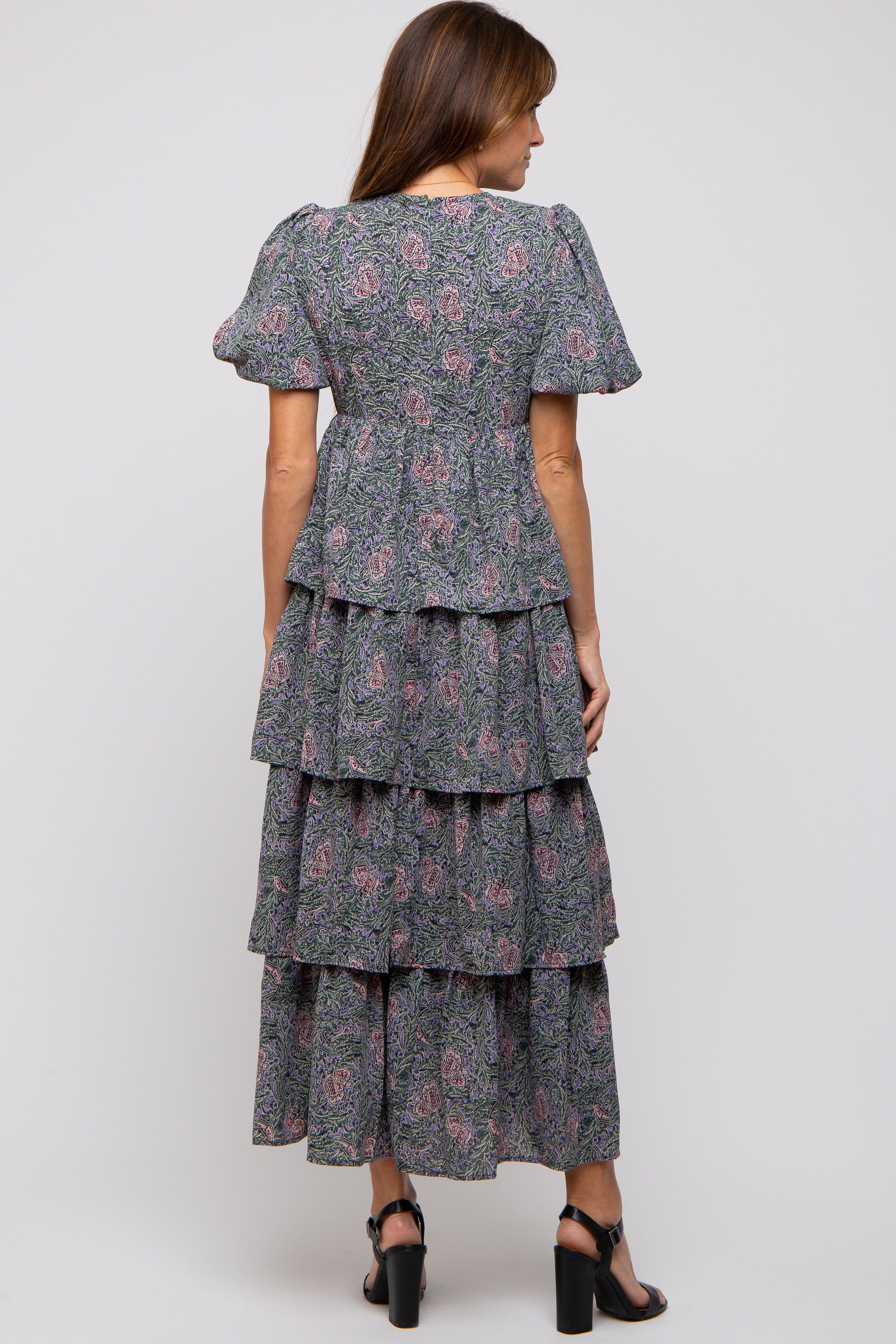 Forest Green Floral Puff Sleeve Tiered Midi Dress sold by Pinkblush product image thumbnail 3