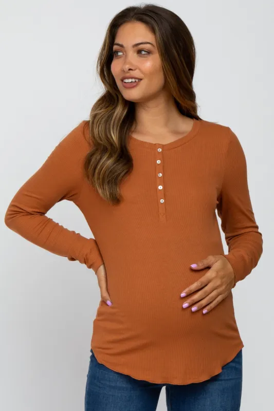 Orange Ribbed Button Front Long Sleeve Maternity Top sold by Pinkblush
