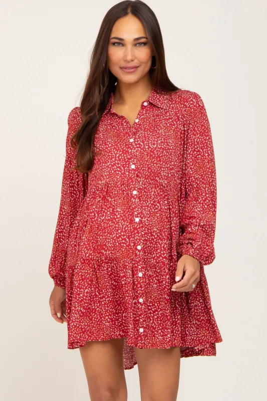 Rust Printed Button Down Tiered Maternity Mini Dress sold by Pinkblush