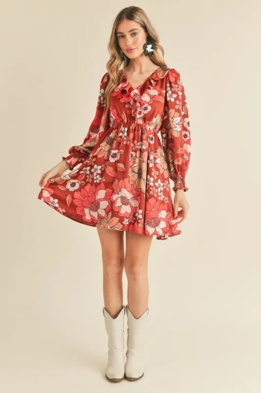 Brick Multi Floral Ruffle Trim Mini Dress sold by Pinkblush