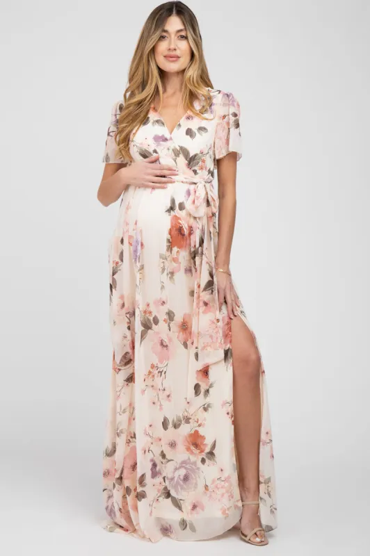 Cream Floral Chiffon Maternity Maxi Dress sold by Pinkblush