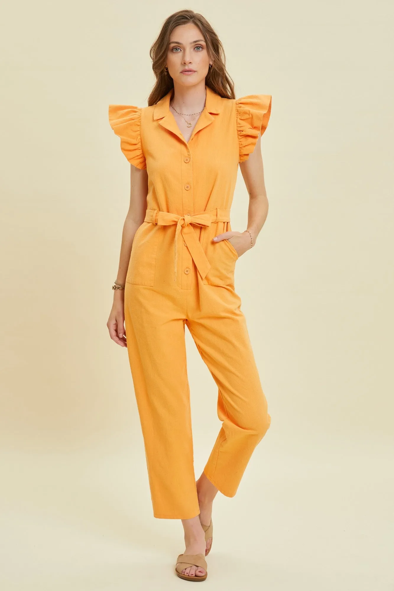Orange Washed Linen Button-Down Utility Jumpsuit sold by Pinkblush