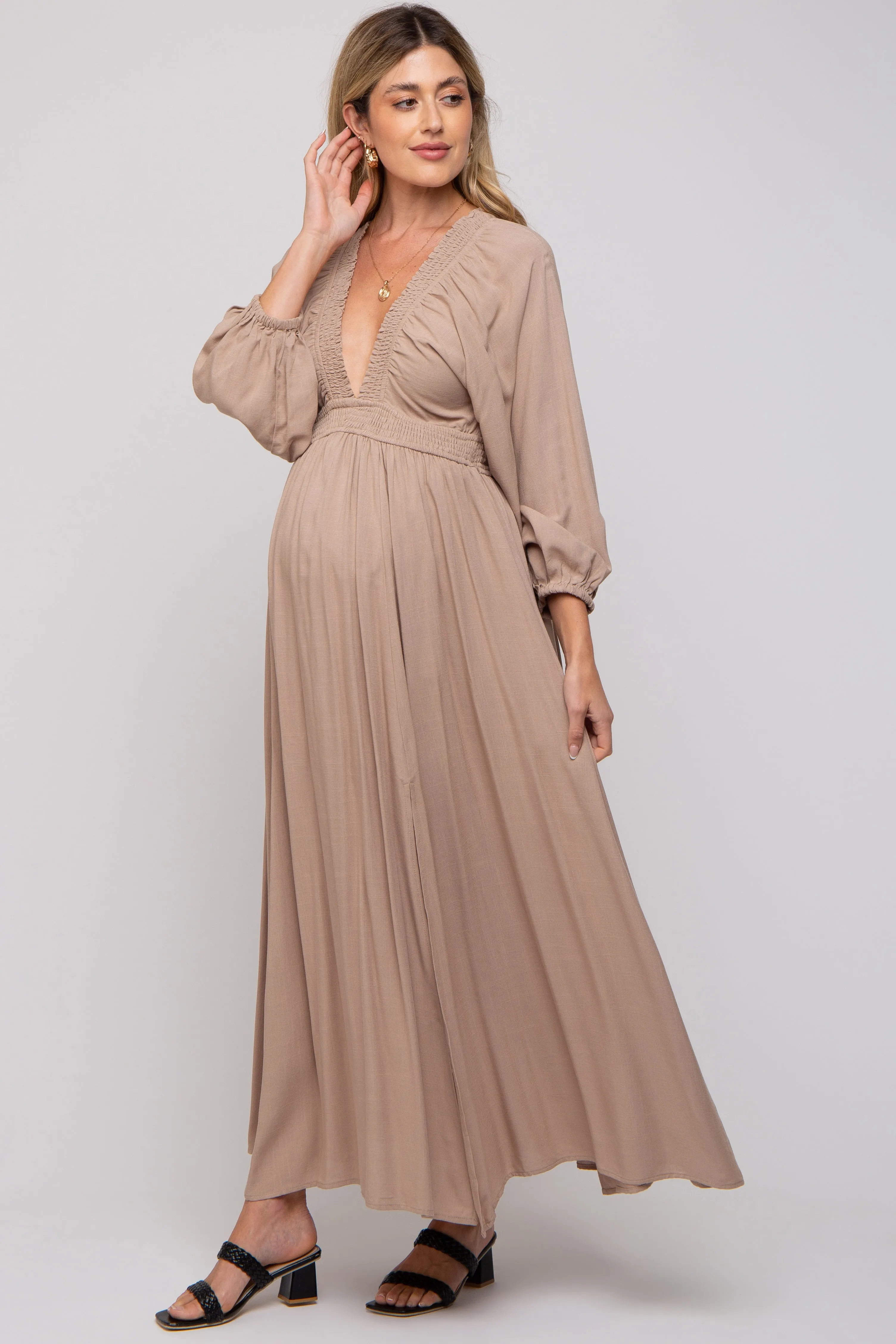 Beige Deep V-Neck Smocked Waist Maternity Maxi Dress sold by Pinkblush product image thumbnail 2