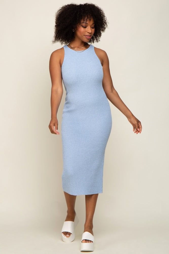 Light Blue Sleeveless Ribbed Knit Fitted Midi Dress sold by Pinkblush product image thumbnail 4