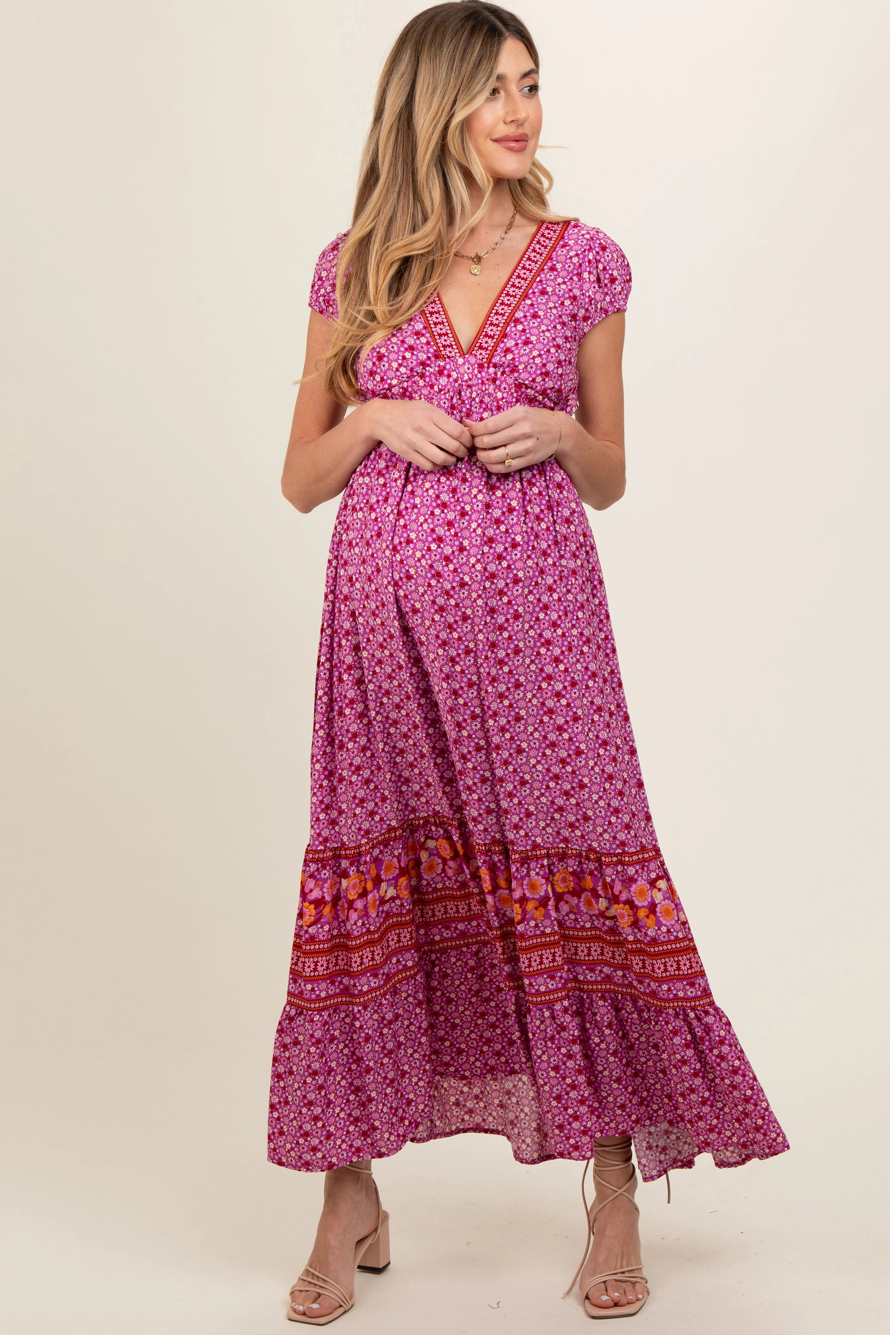 Magenta Floral Border Print Ruffle Maternity Maxi Dress sold by Pinkblush