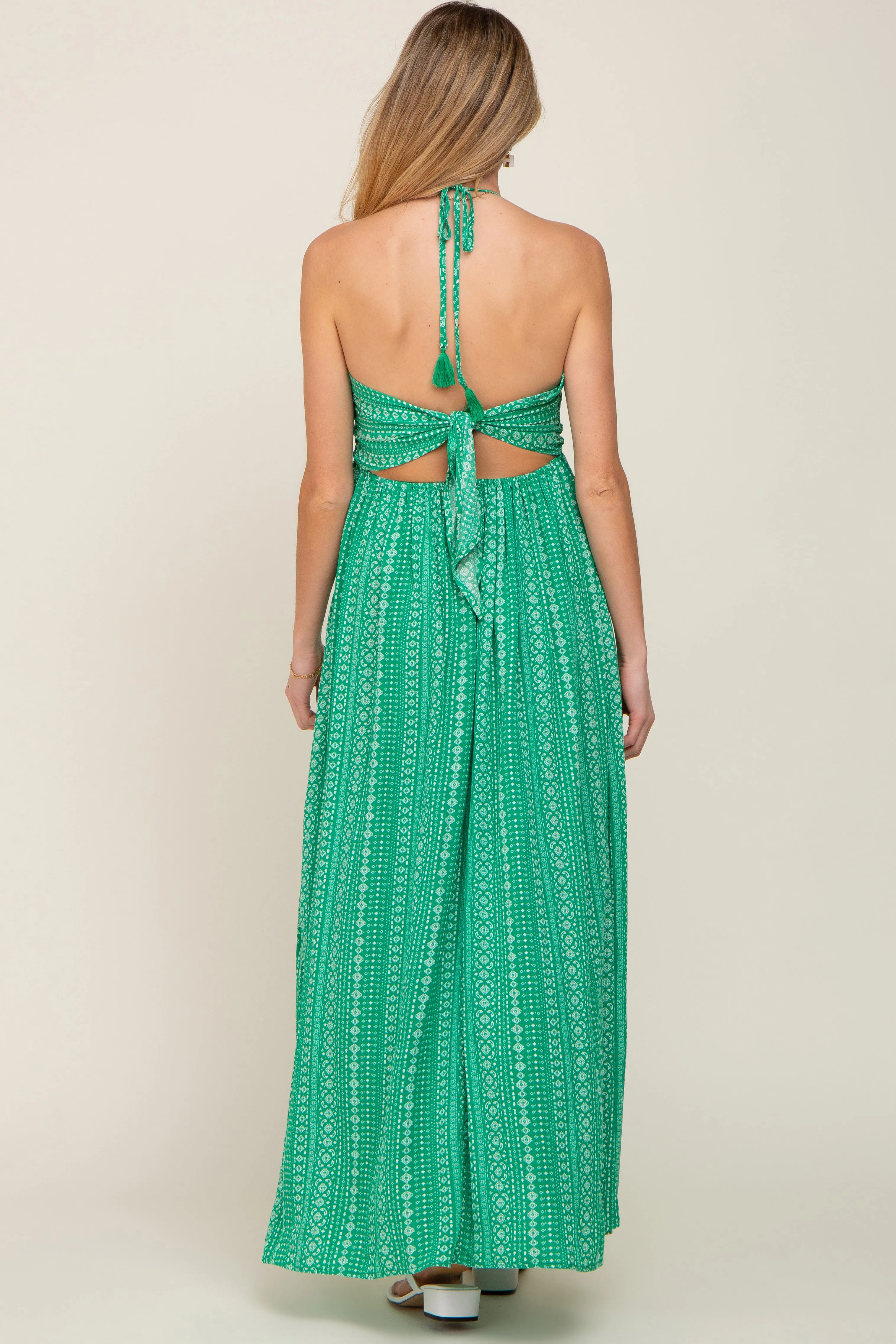 Green Halter Printed Side Slit Maternity Maxi Dress sold by Pinkblush product image thumbnail 4