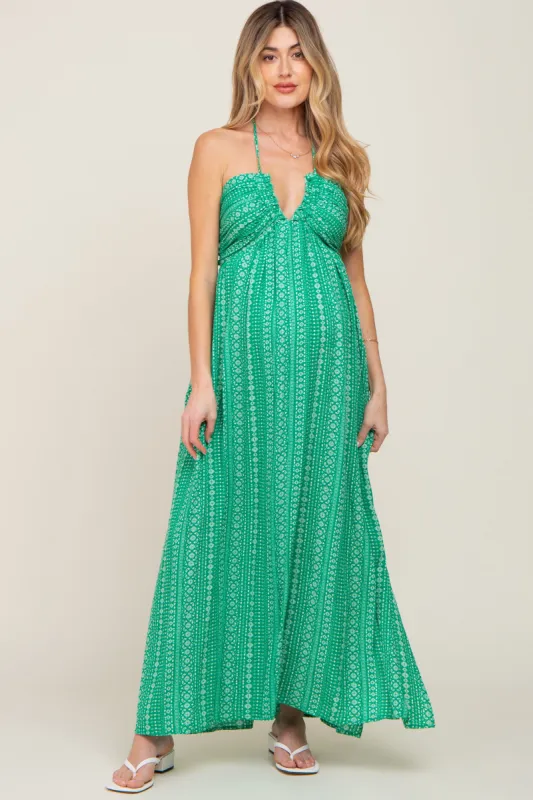 Green Halter Printed Side Slit Maternity Maxi Dress sold by Pinkblush