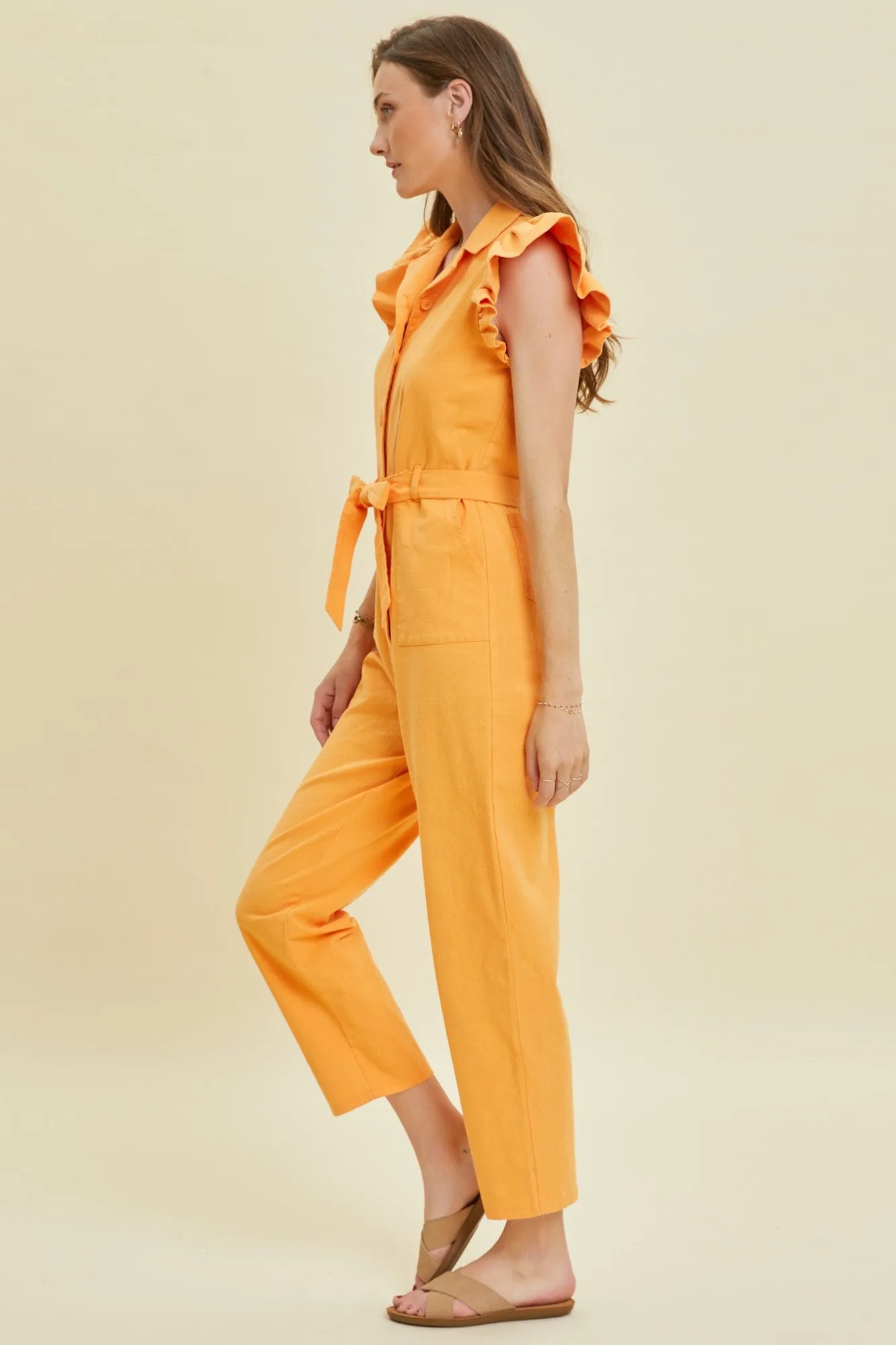 Orange Washed Linen Button-Down Utility Jumpsuit sold by Pinkblush product image thumbnail 2