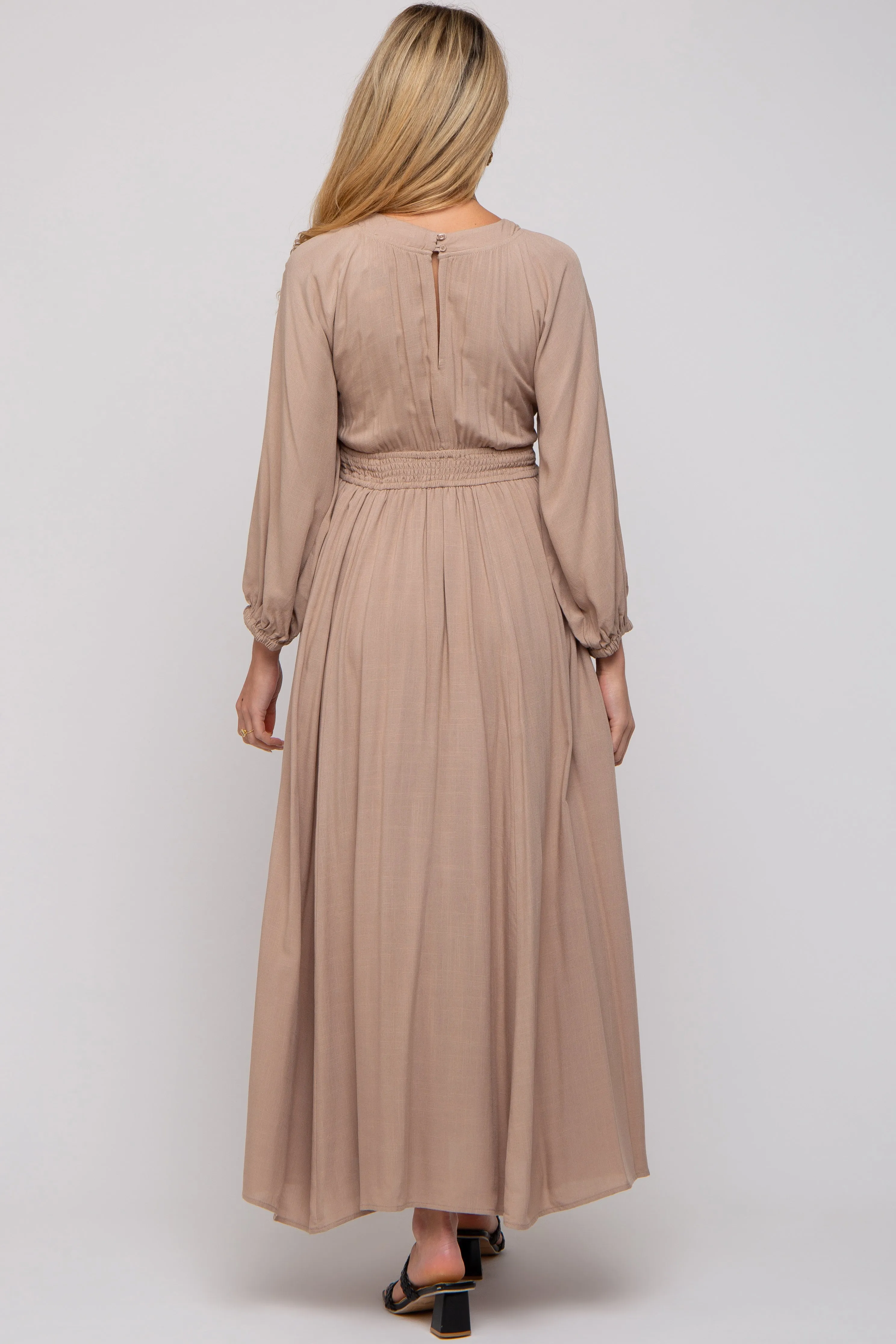 Beige Deep V-Neck Smocked Waist Maternity Maxi Dress sold by Pinkblush product image thumbnail 3