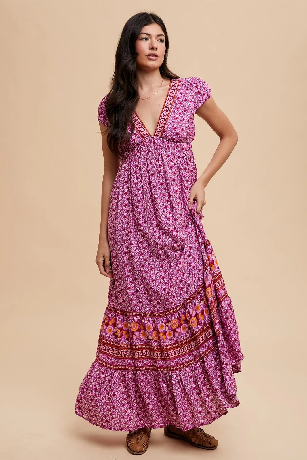Magenta Floral Border Print Ruffle Maternity Maxi Dress sold by Pinkblush product image thumbnail 5