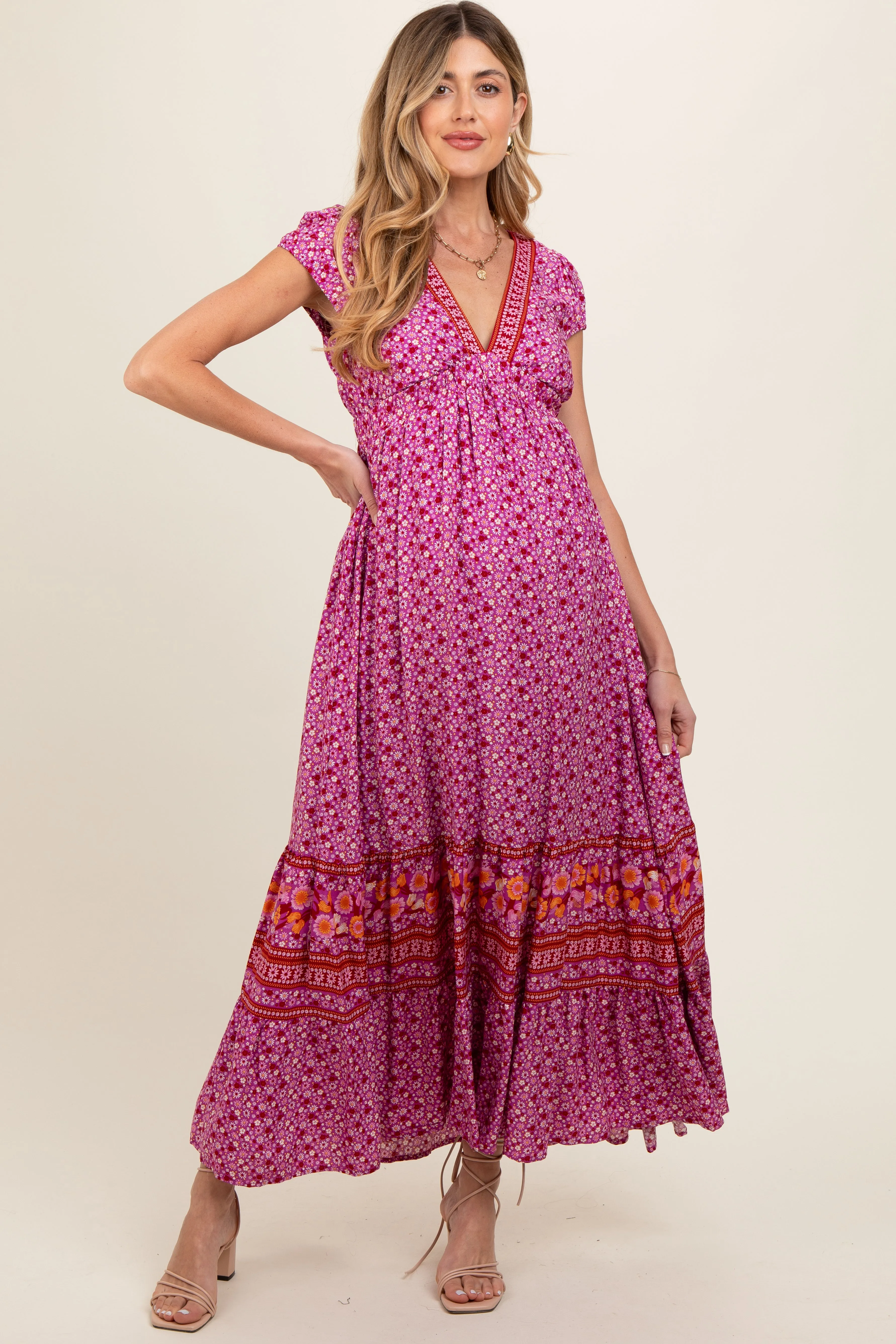 Magenta Floral Border Print Ruffle Maternity Maxi Dress sold by Pinkblush product image thumbnail 2