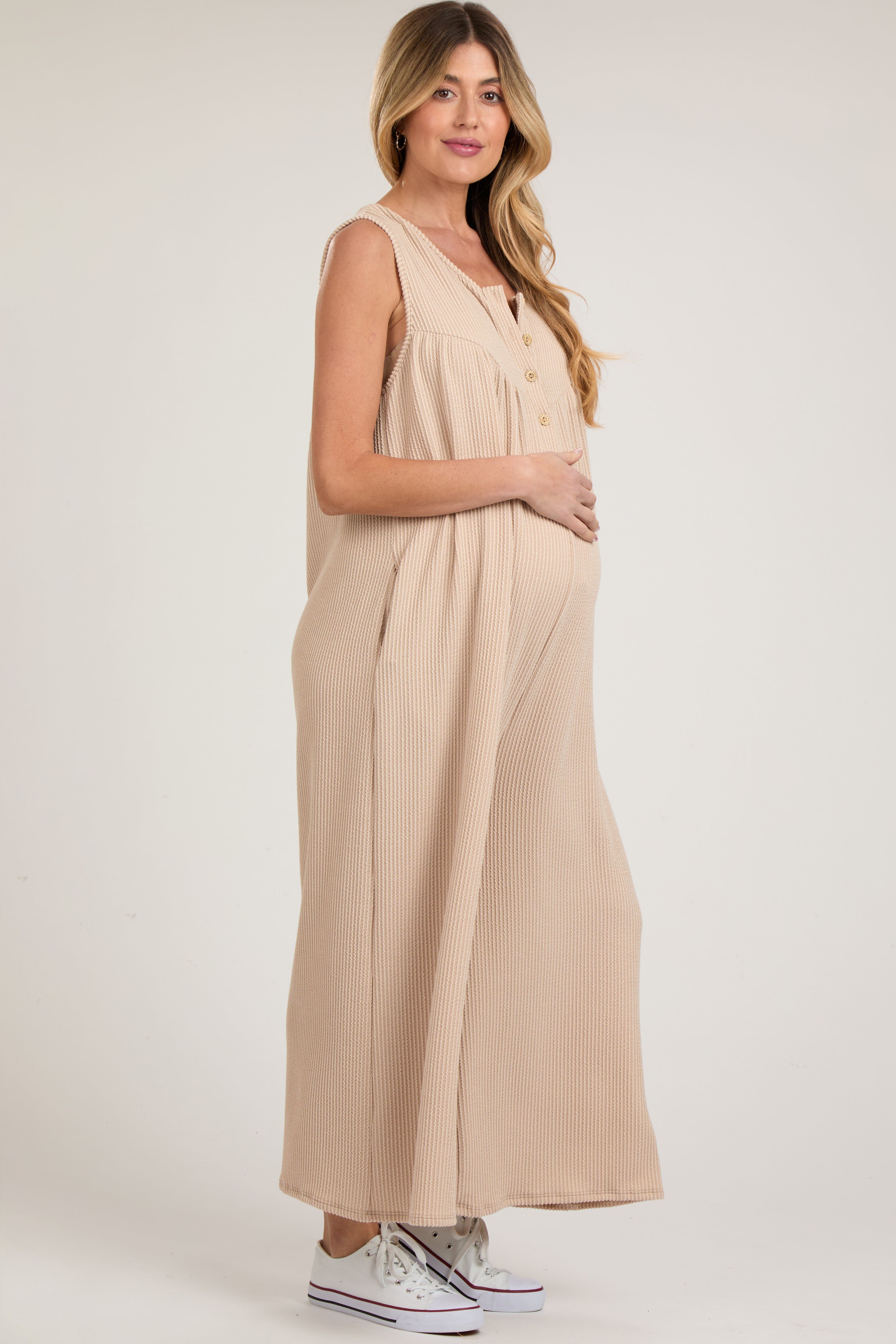 Beige Ribbed Sleeveless Button Front Maternity Jumpsuit sold by Pinkblush product image thumbnail 2