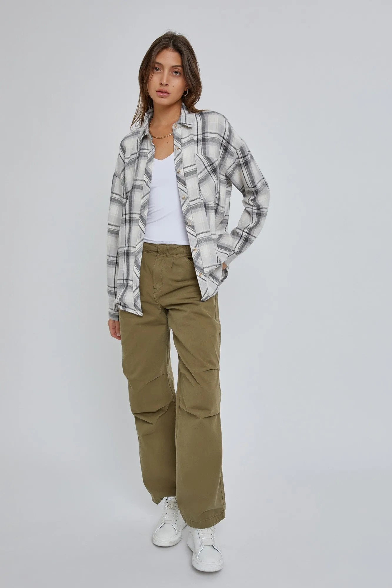 Grey Flannel Plaid Button Up Top sold by Pinkblush