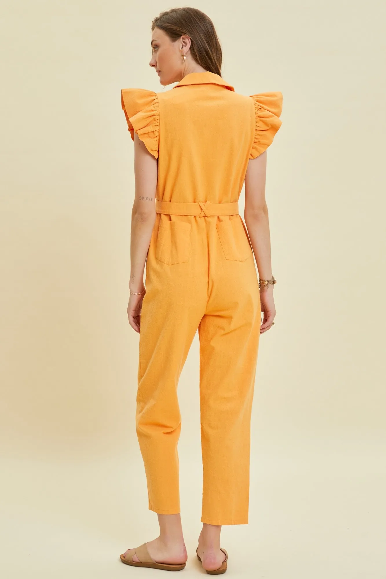 Orange Washed Linen Button-Down Utility Jumpsuit sold by Pinkblush product image thumbnail 3