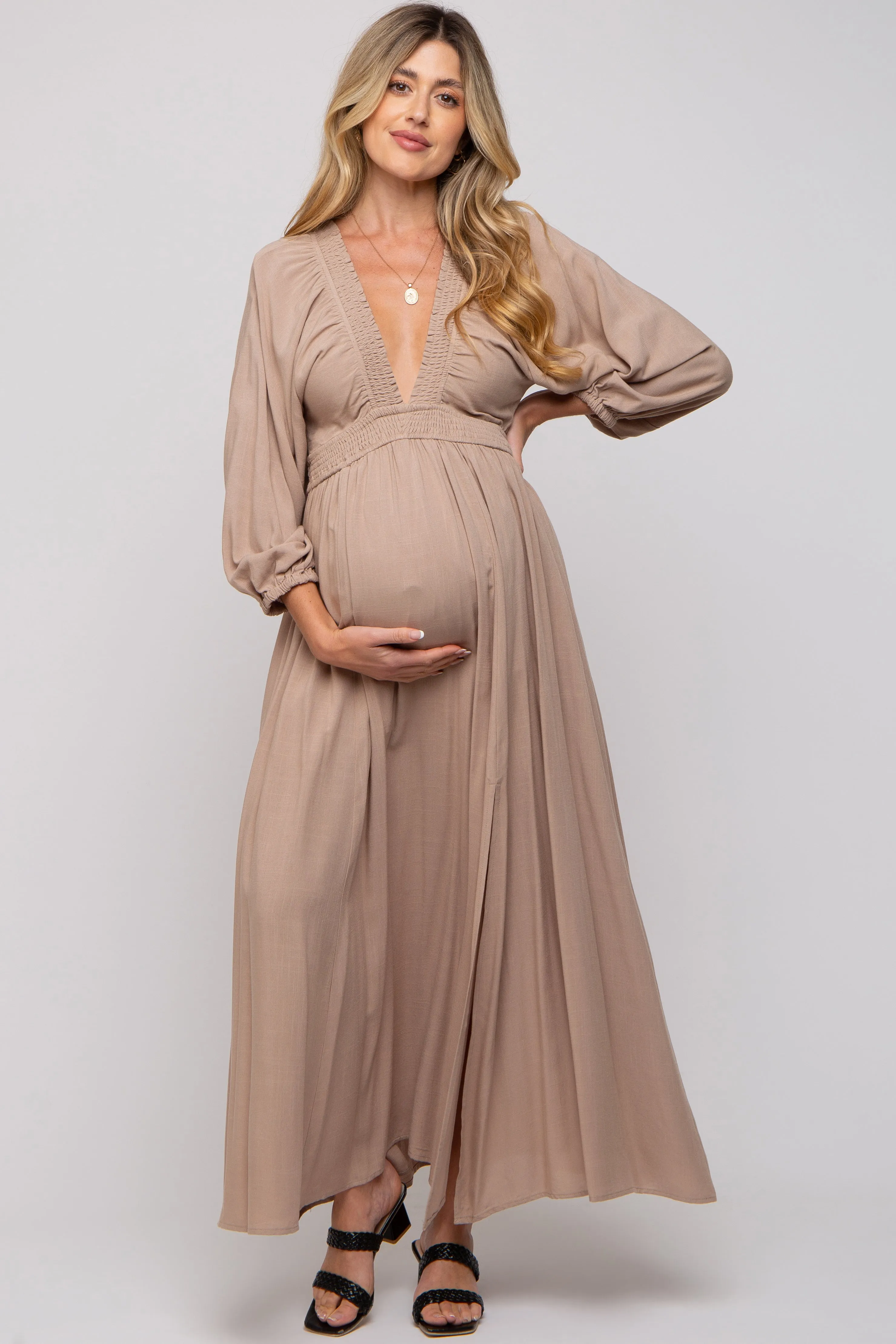 Beige Deep V-Neck Smocked Waist Maternity Maxi Dress sold by Pinkblush product image thumbnail 4