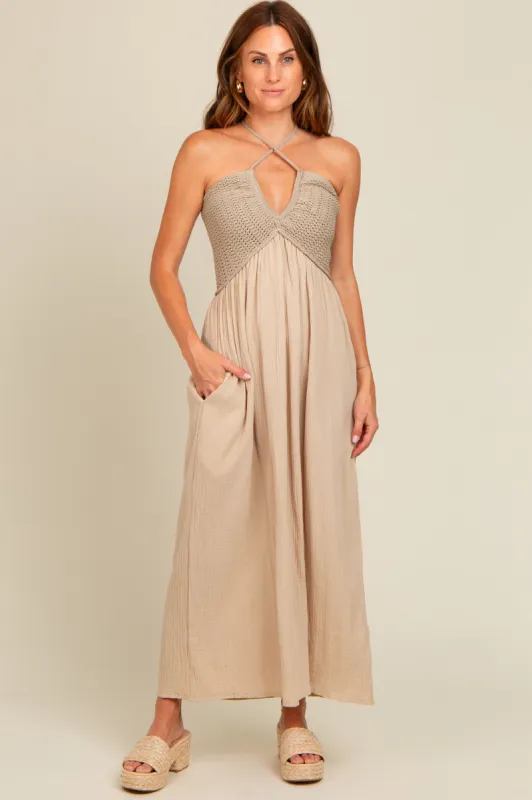 Beige Halter Crochet Top Maxi Dress sold by Pinkblush