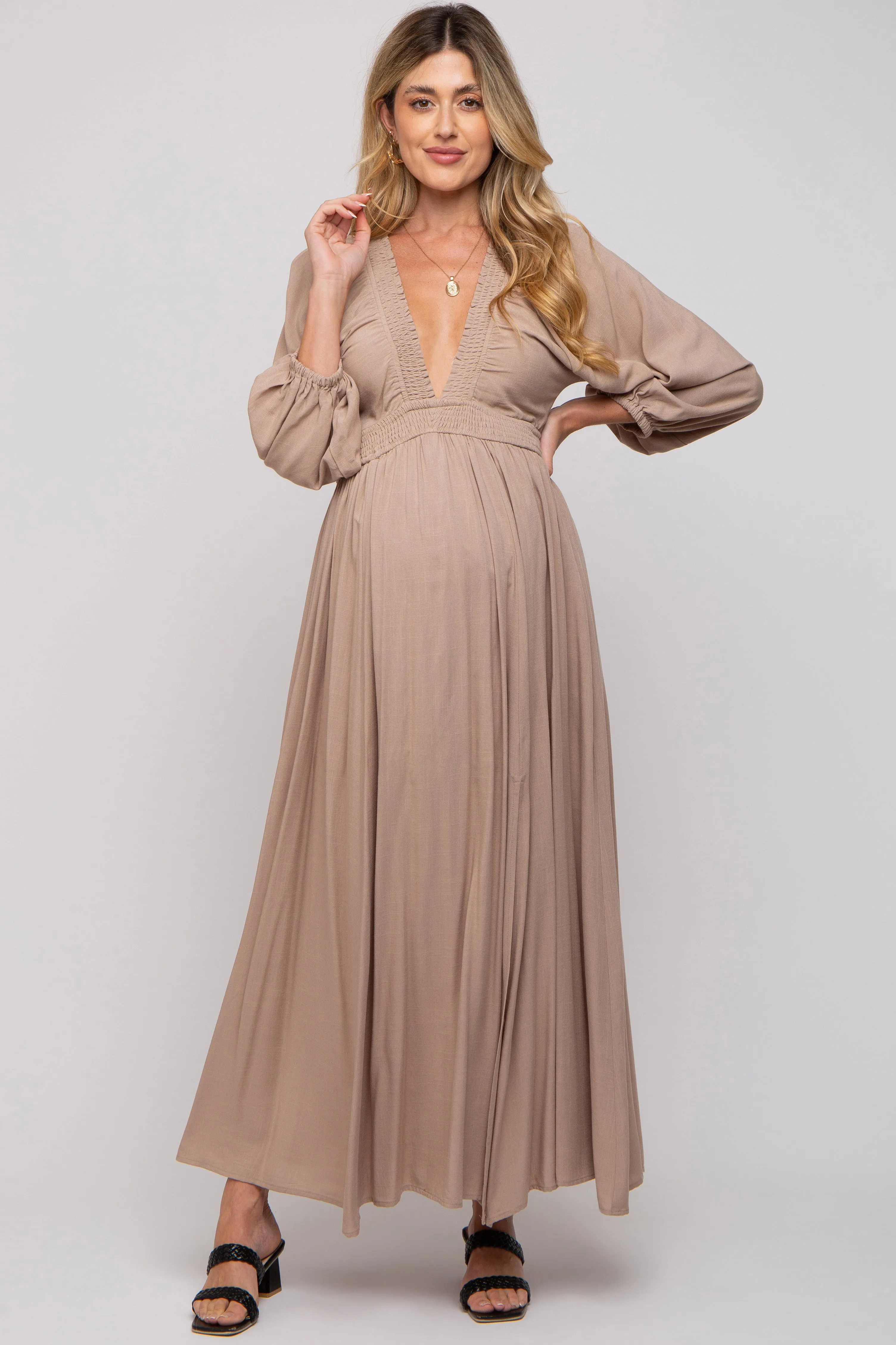 Beige Deep V-Neck Smocked Waist Maternity Maxi Dress sold by Pinkblush