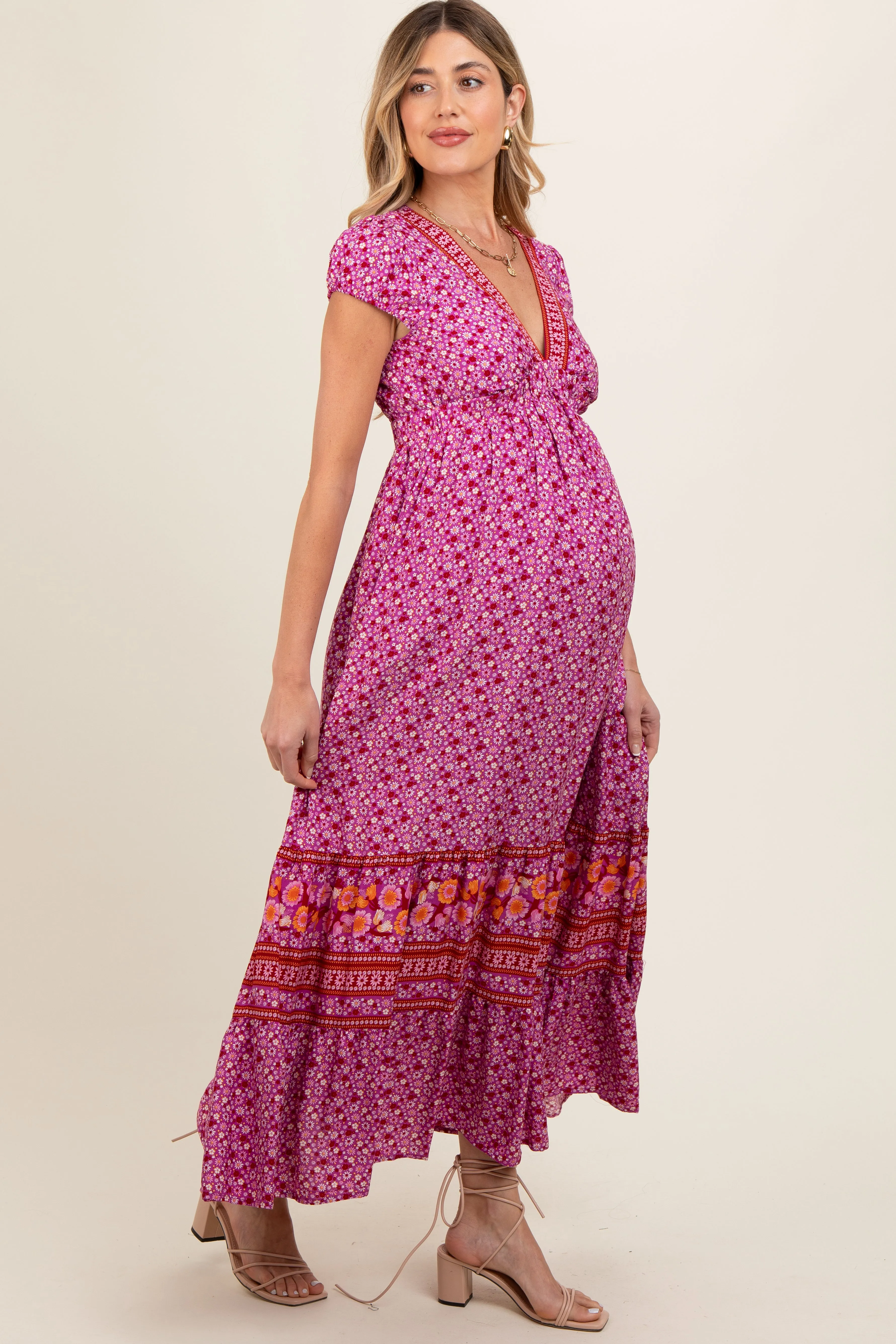 Magenta Floral Border Print Ruffle Maternity Maxi Dress sold by Pinkblush product image thumbnail 3