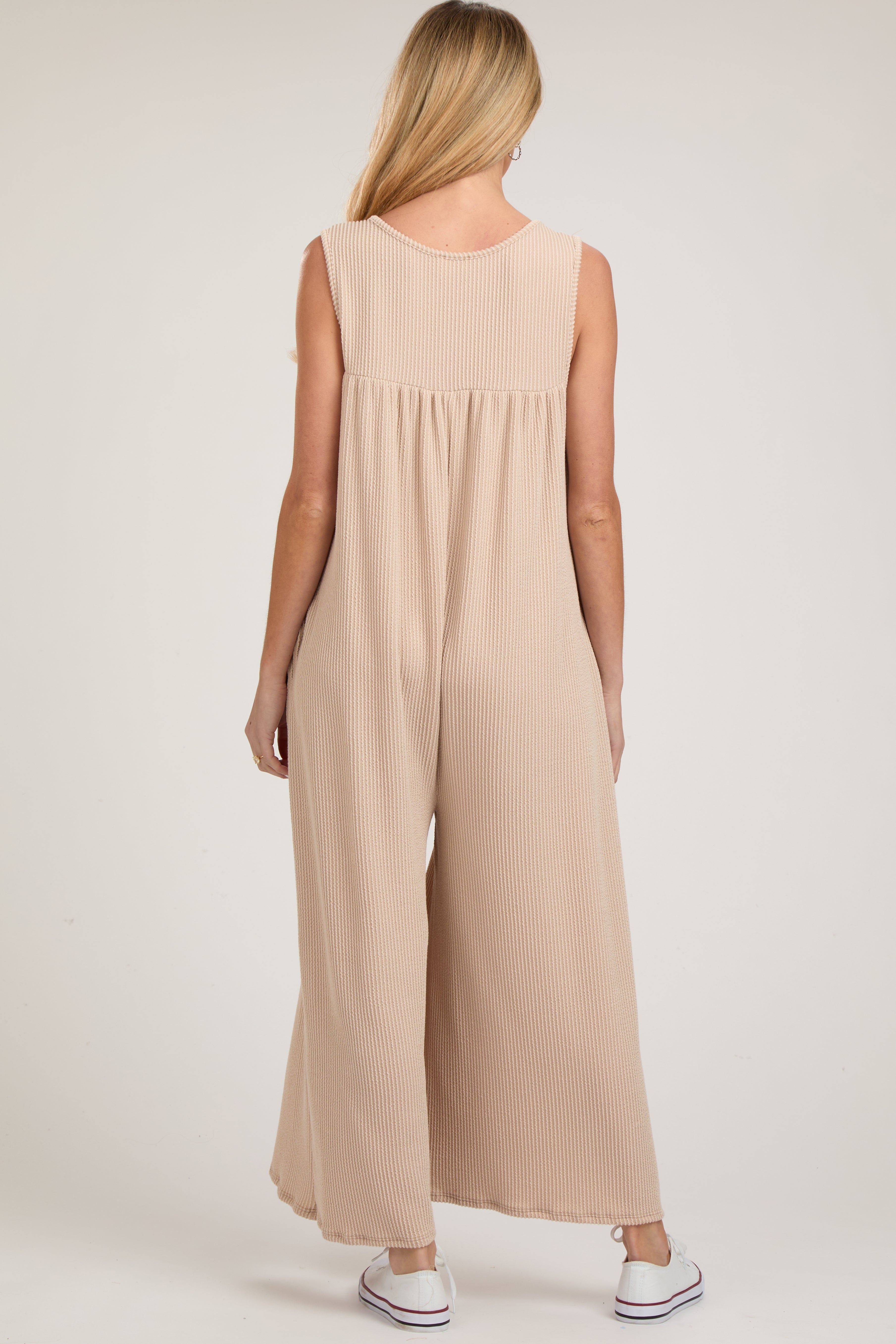 Beige Ribbed Sleeveless Button Front Maternity Jumpsuit sold by Pinkblush product image thumbnail 3