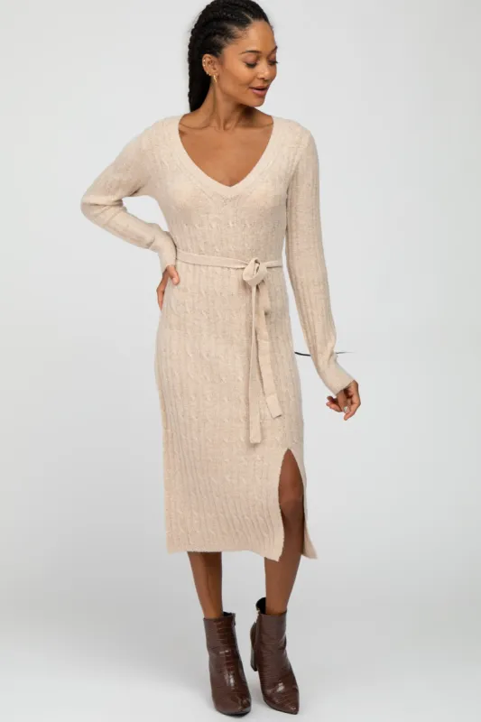 Beige Brushed Cable Knit Sweater Dress sold by Pinkblush