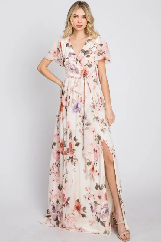 Cream Floral Chiffon Maxi Dress sold by Pinkblush