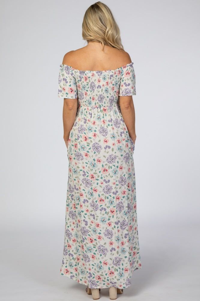 Ivory Floral Smocked Off Shoulder Maternity Maxi Dress sold by Pinkblush product image thumbnail 3