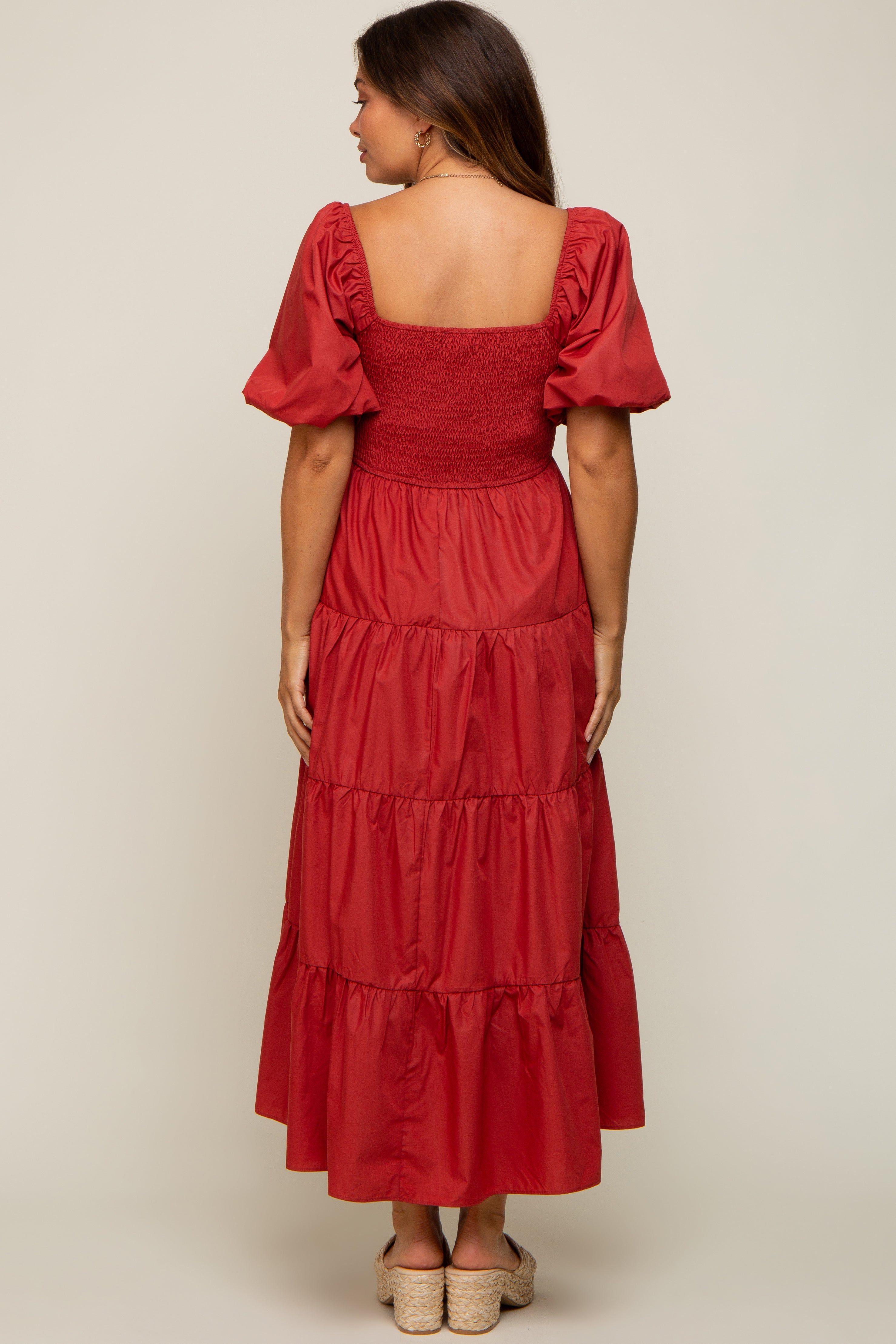 Rust Square Neck Smocked Puff Short Sleeve Tiered Maternity Midi Dress sold by Pinkblush product image thumbnail 3