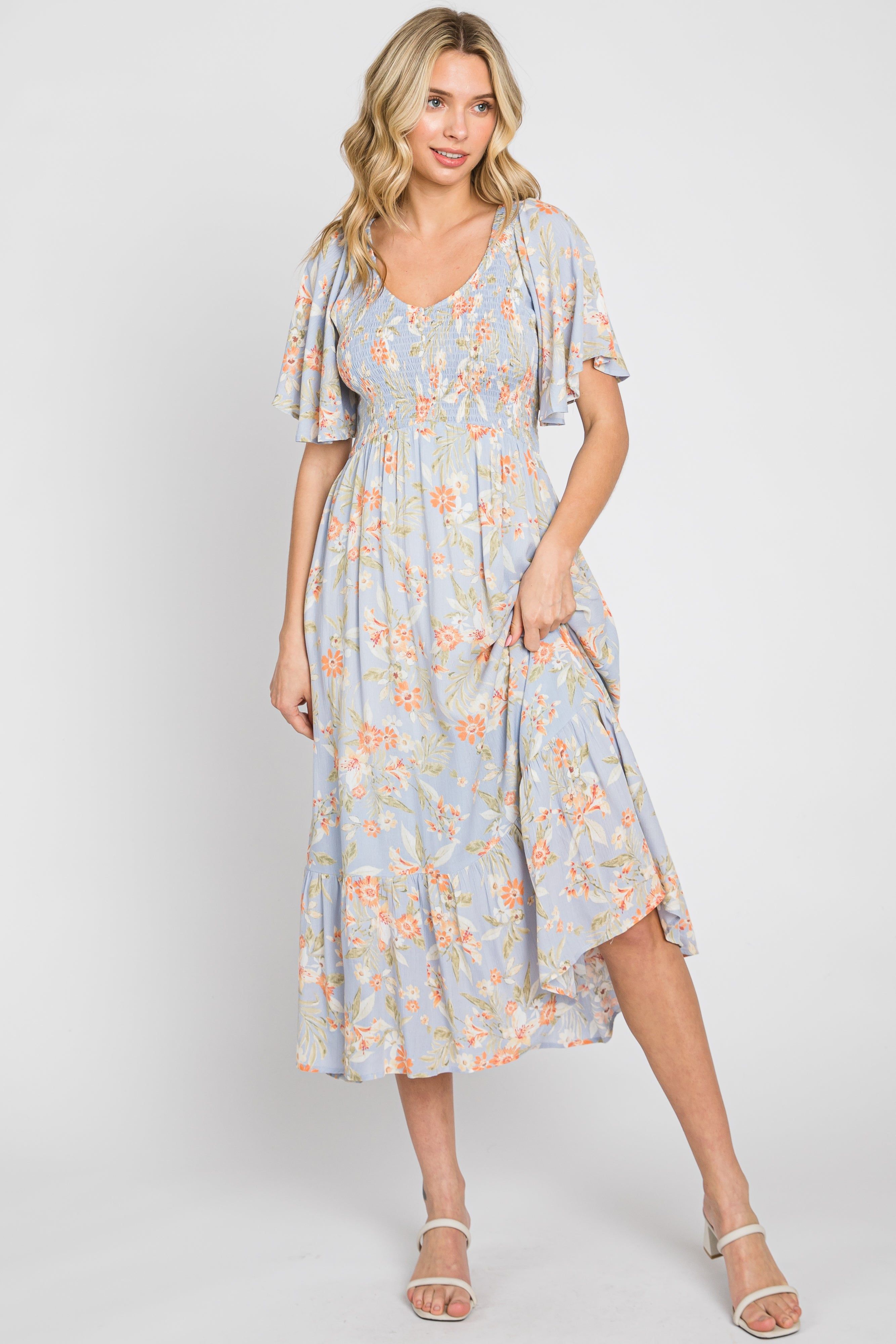 Light Blue Floral Smocked V-Neck Short Sleeve Midi Dress sold by Pinkblush