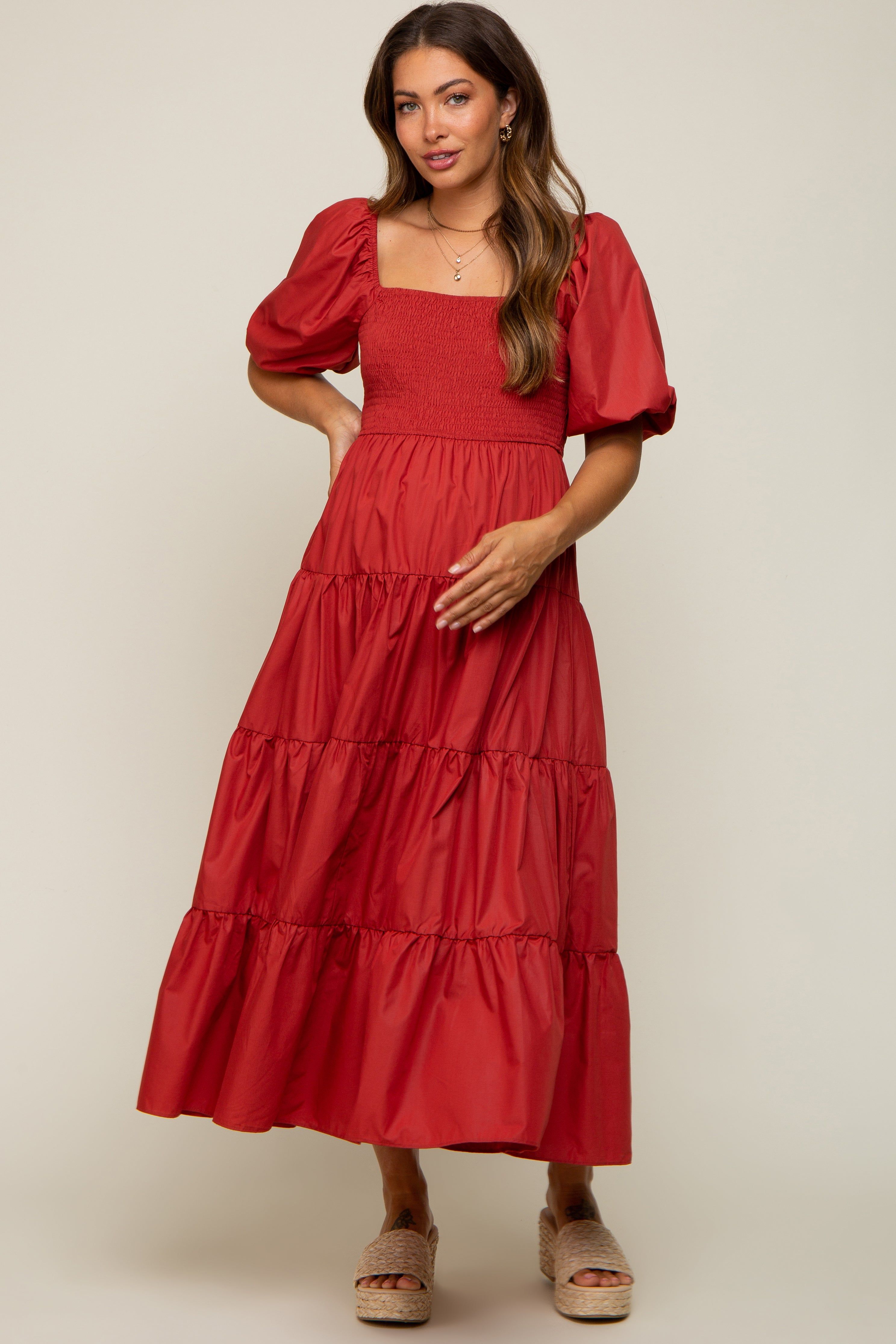 Rust Square Neck Smocked Puff Short Sleeve Tiered Maternity Midi Dress sold by Pinkblush product image thumbnail 4